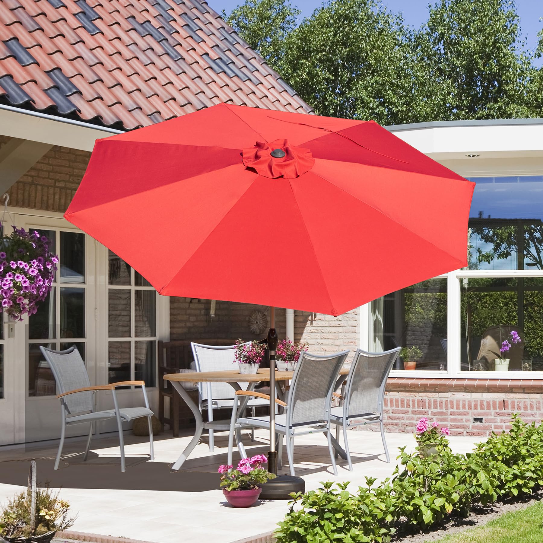 9FT Patio Umbrella, Outdoor Table Umbrella with Push Button Tilt and Crank, UV Protection Waterproof Market Sun Umbrella with 8 Sturdy Ribs for Garden, Deck, Backyard, Pool (Navy Blue/Brick red/Beige/Gray)