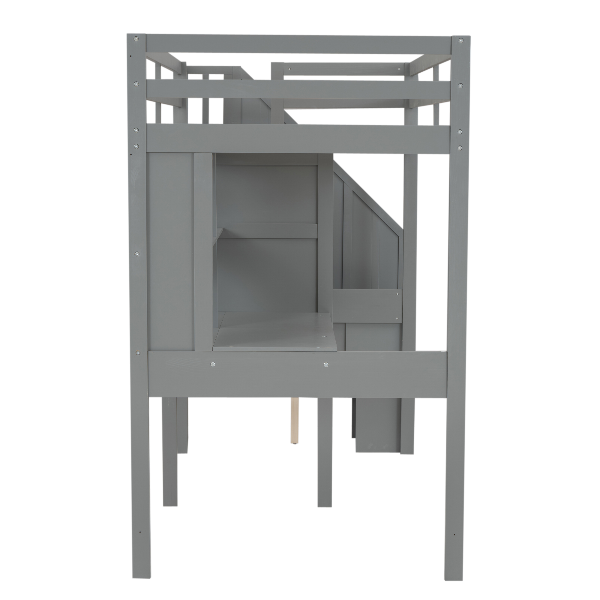 Twin Size Loft Bed Frame with Storage Staircase and Double Desks and Shelves,Gray/White