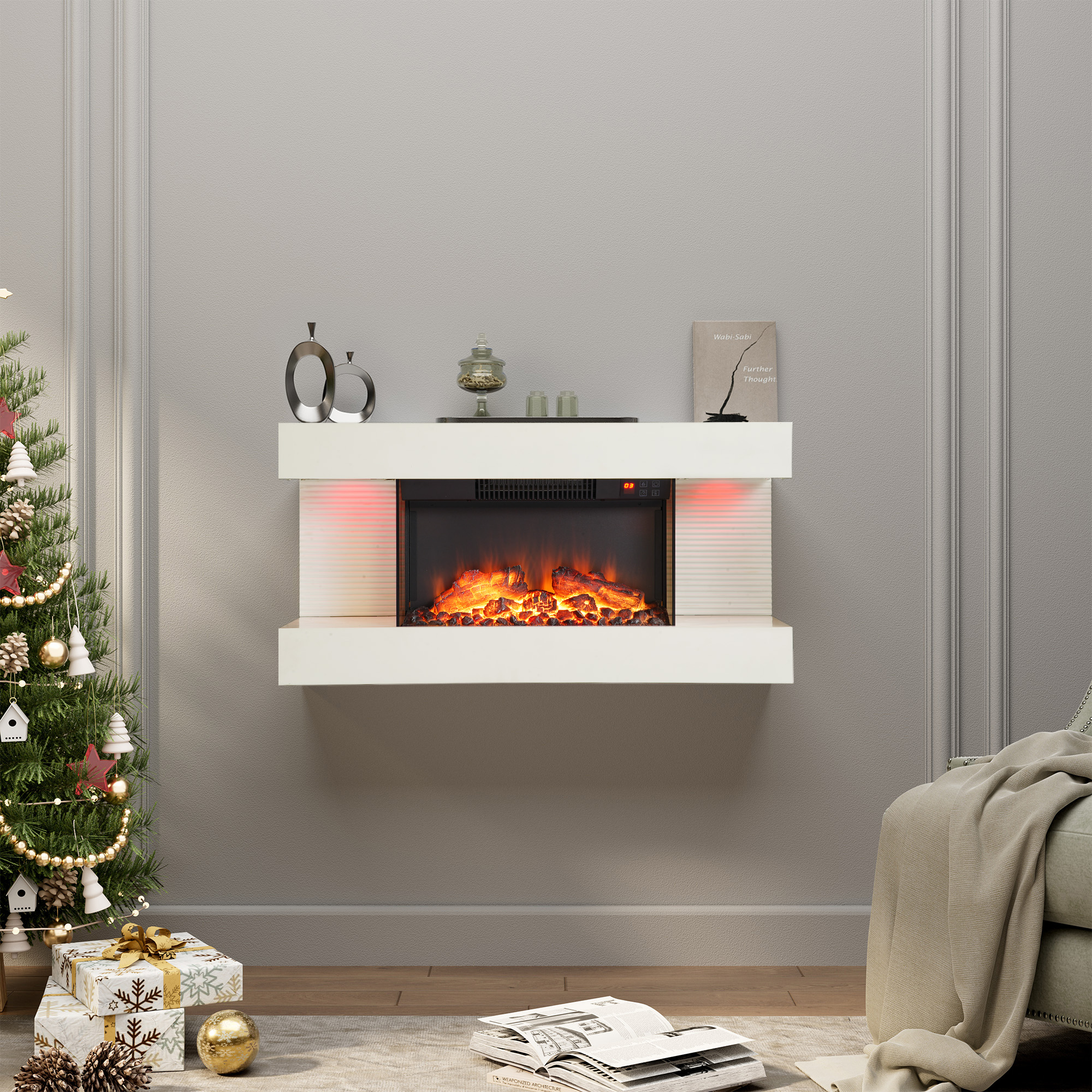 32-inch Wall Mounted Hanging Electric Fireplace with Remote Control in Black