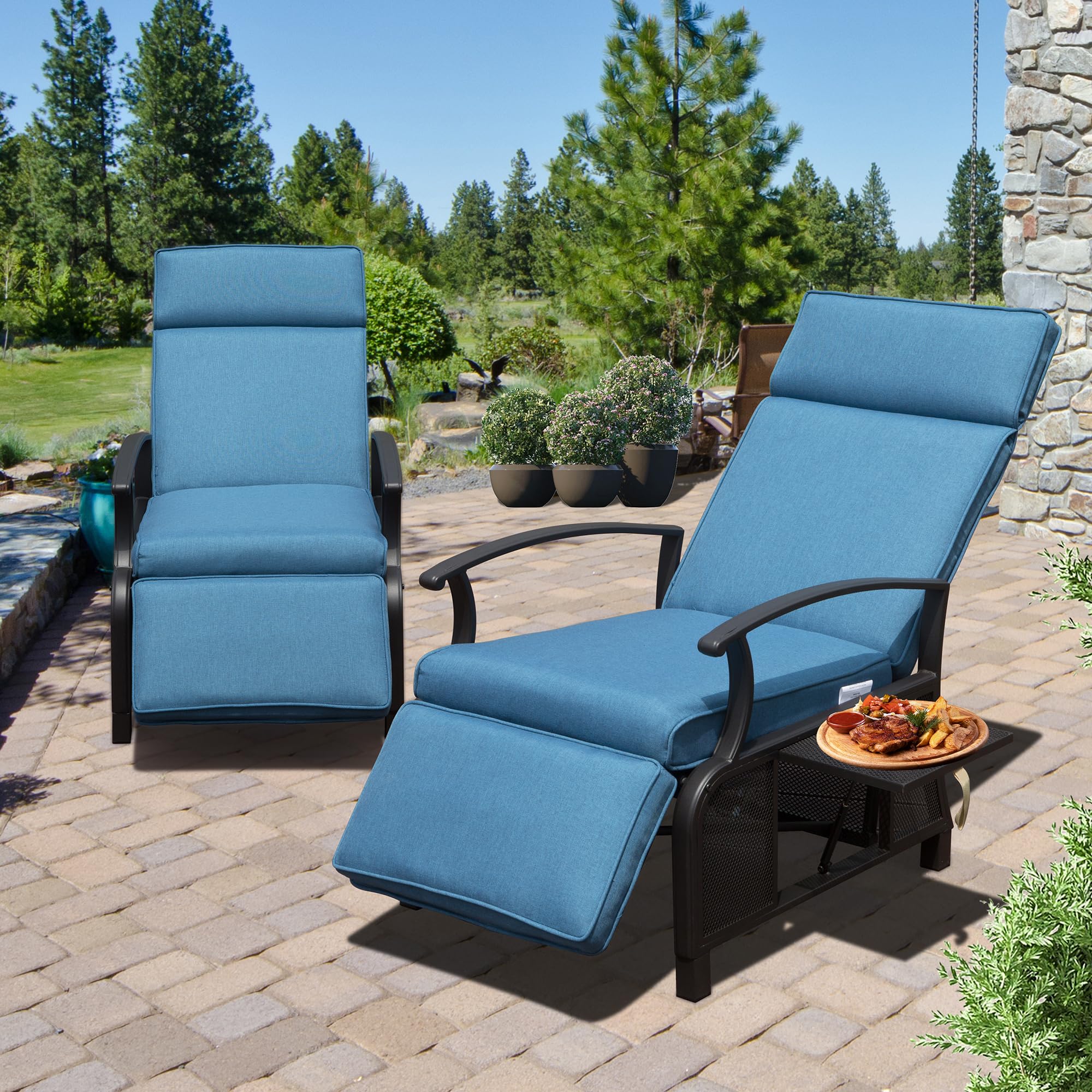 Adjustable Patio Recliner Chair Metal Outdoor Lounge Chair with Flip Table Push Back, Adjustable Angle, 6.8'' Removable Cushions, Support 350lbs, Beige/Gray/Navy Blue