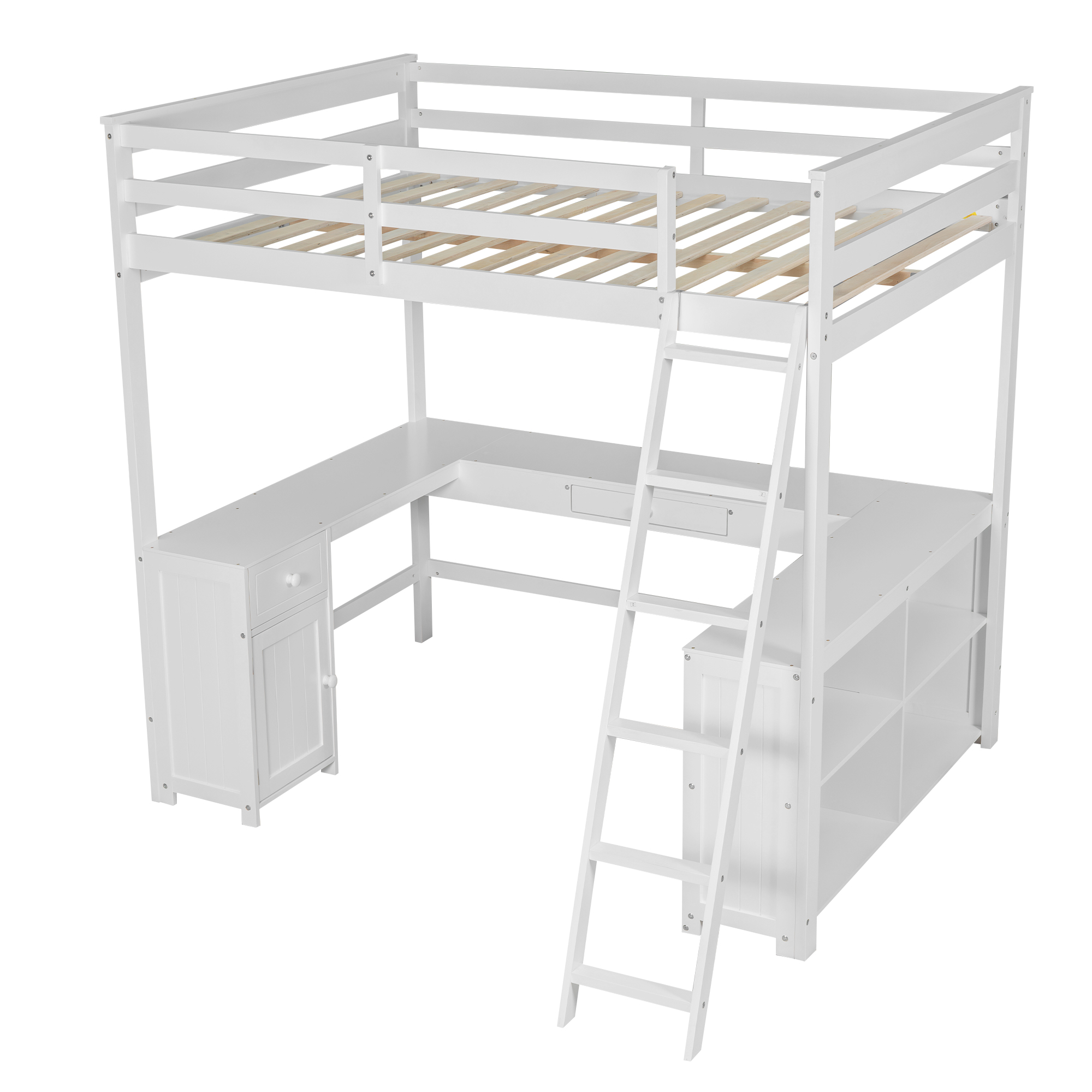 Full/Twin Size Loft Bed with U-shaped Desk, Drawers and Storage Shelves, White/Antique Brown 