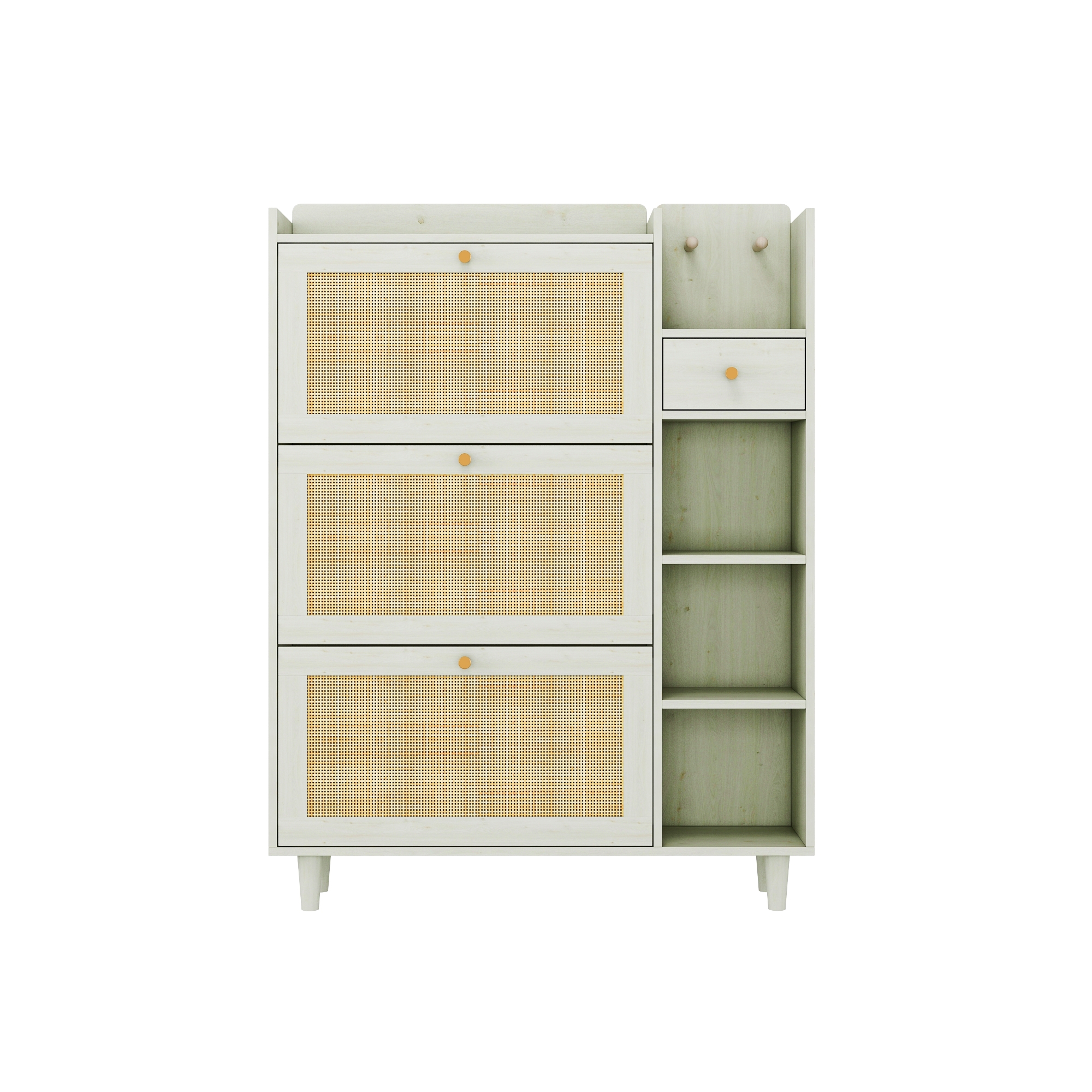 Bohemia Style Shoe Cabinet, Shoe Rack Cabinet with 3 Rattan Flip Drawers,3 Square Shelves and 1 Storage Drawer, Shoe Organizer with Mulit Storage Space and Hooks for Hallway, Entryway, (Natural/Antique white) 