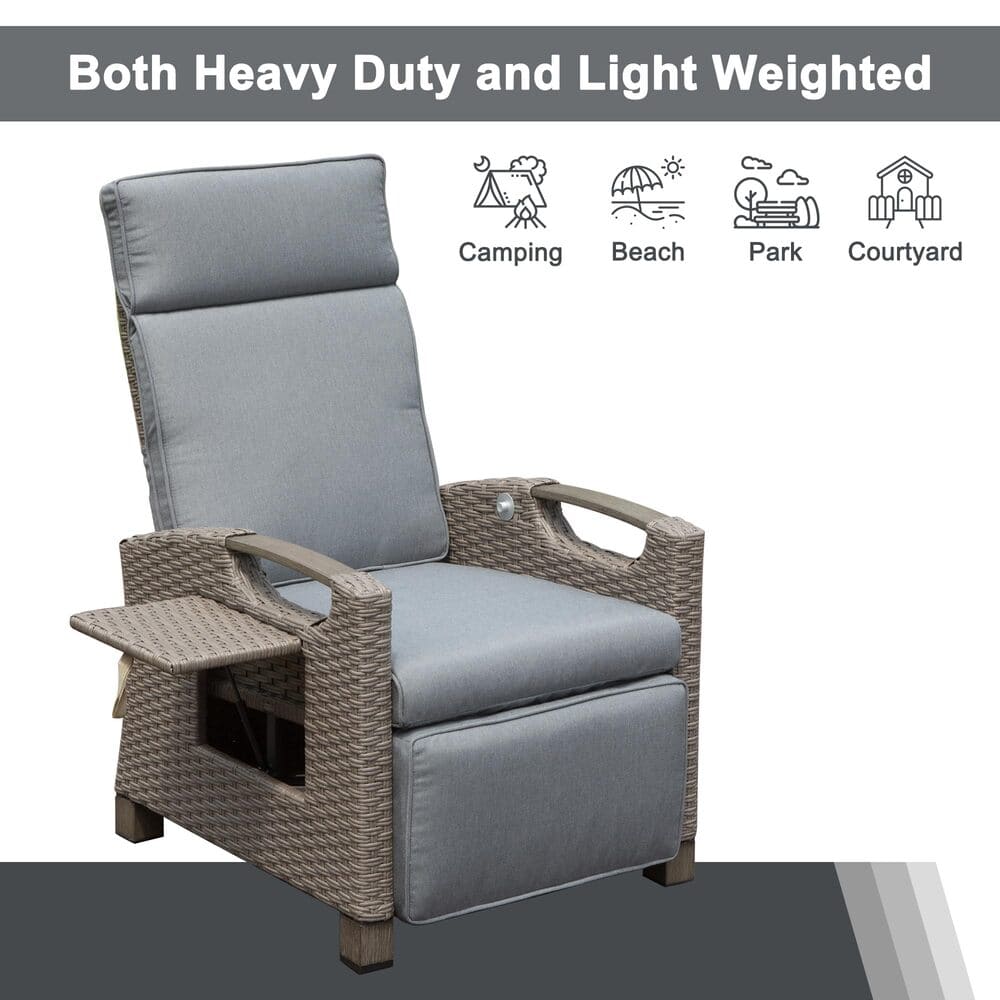 Outdoor Recliner Chair, Patio Recliner with Hand-Woven Wicker, Flip Table Push Back, Adjustable Angle, Thickness Cushions