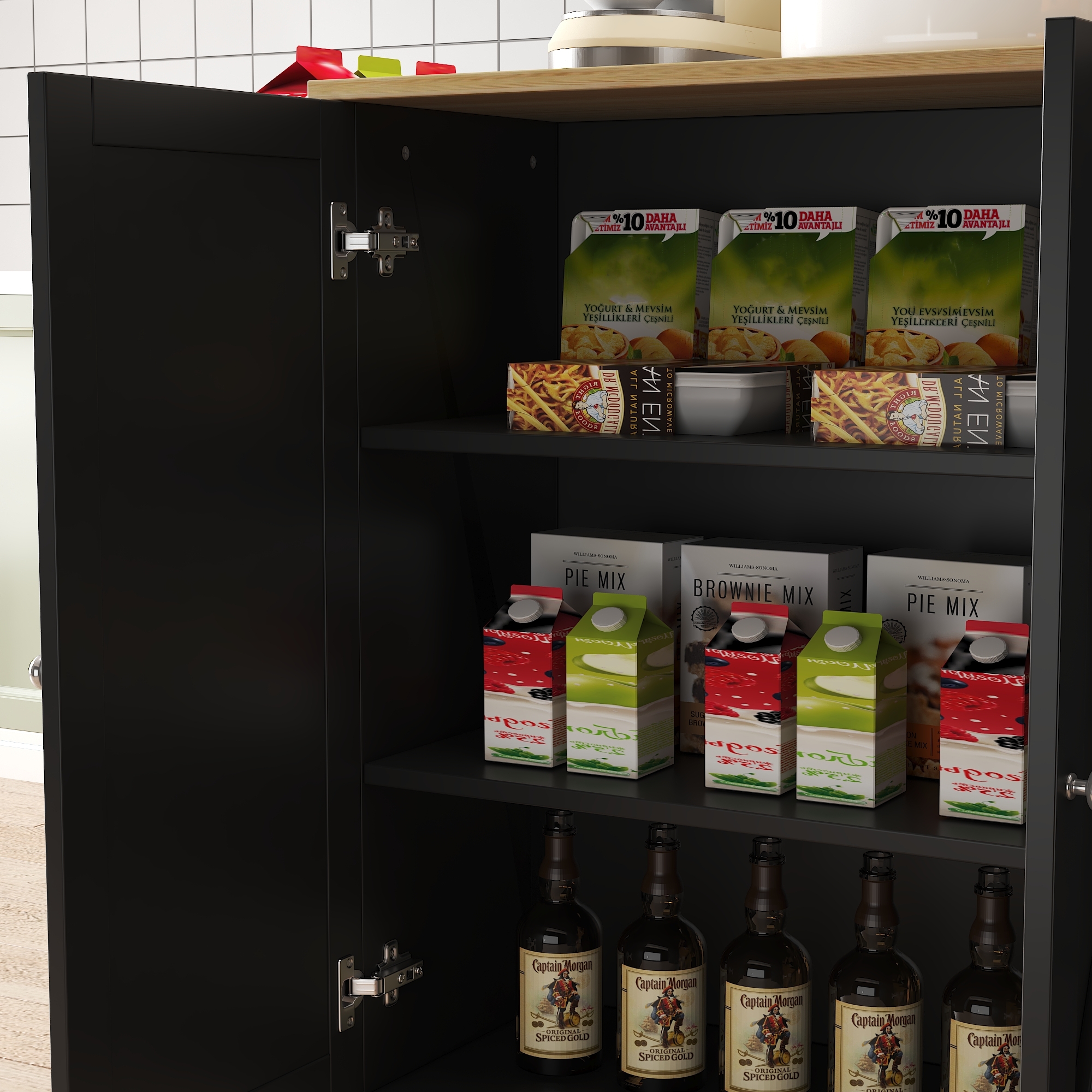 45.4" Farmhouse Black Rolling Kitchen Cart on Wheels with Storage Cabinet, Mobile Kitchen Island cart with Drop Leaf Top, Spice Rack, Towel Bar, Adjustable Shelf, Drawers and Hooks 