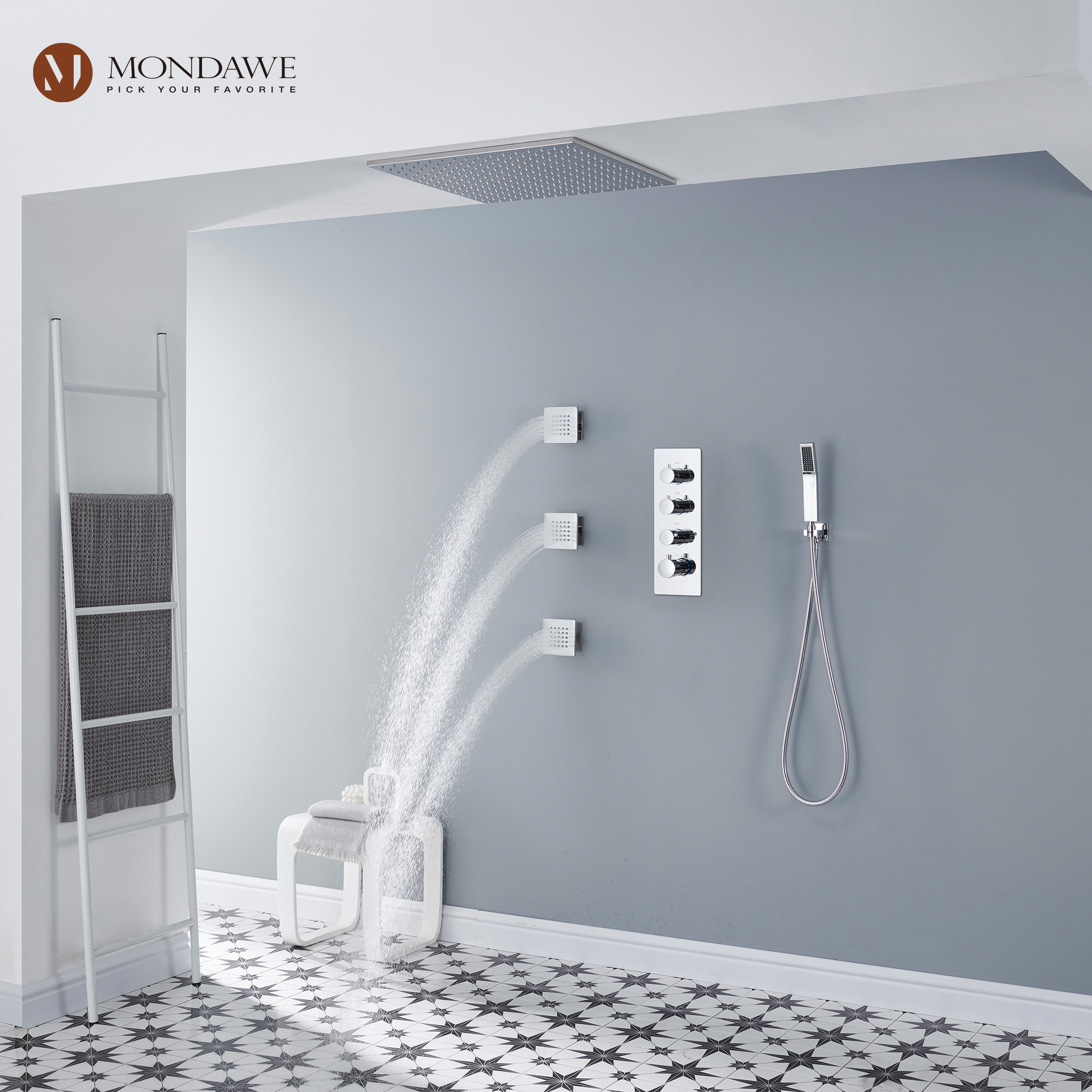 20 Inch Ceiling Mounted Rain Shower Head System Luxury 3-Spray Patterns Thermostatic Shower Faucets Sets Complete with 3-Function Shower Head and Solid Brass Handshower-Mondawe