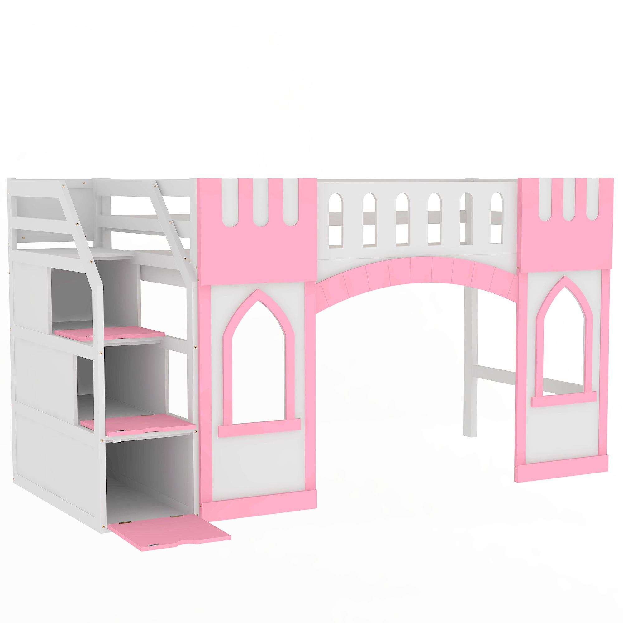 Twin Size Loft Bed with Storage Staircase and Window, White/Pink