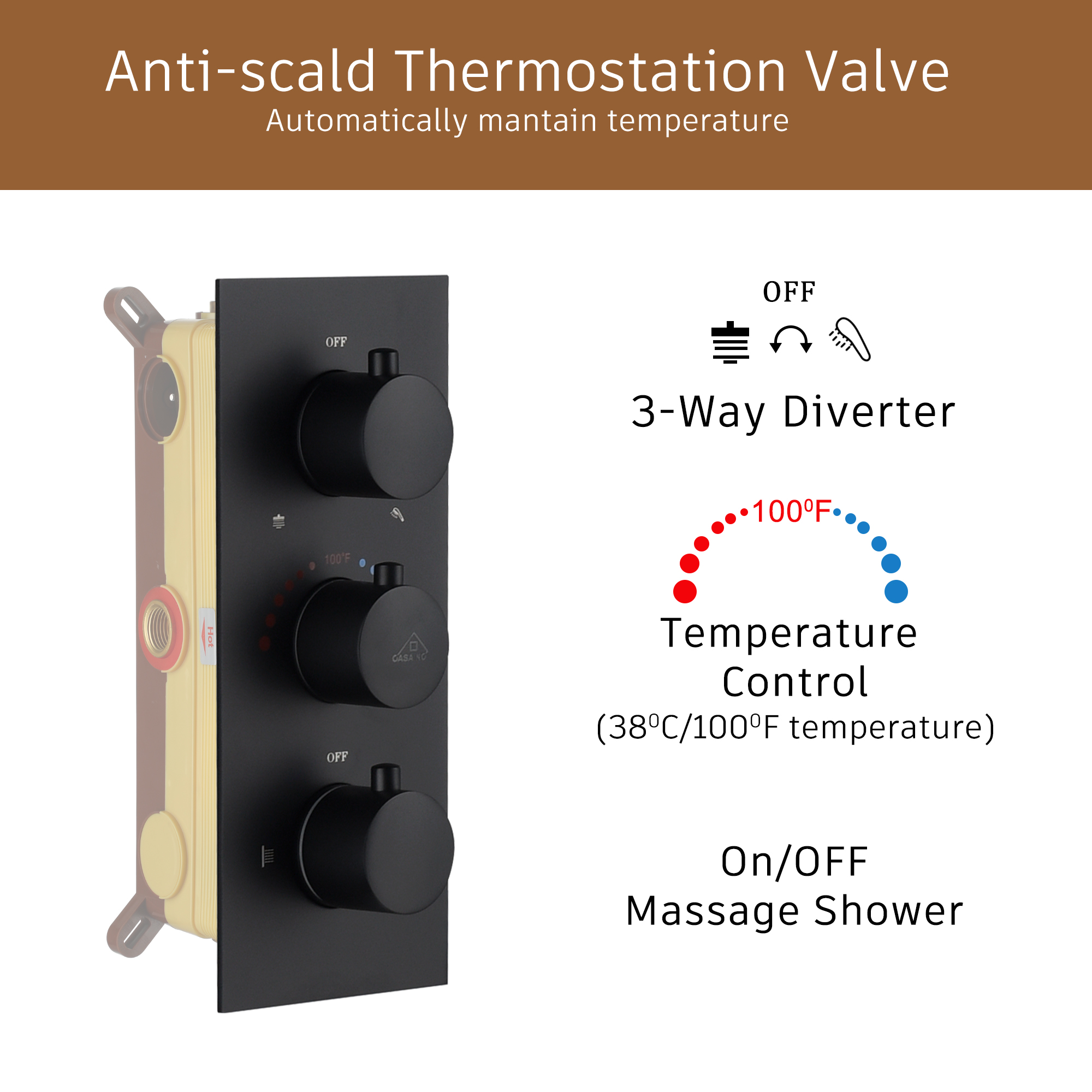 12" Thermostatic Complete Shower System with Rough-in Valve & 6 Body Jets Brushed Gold/Chrome/Matte Black