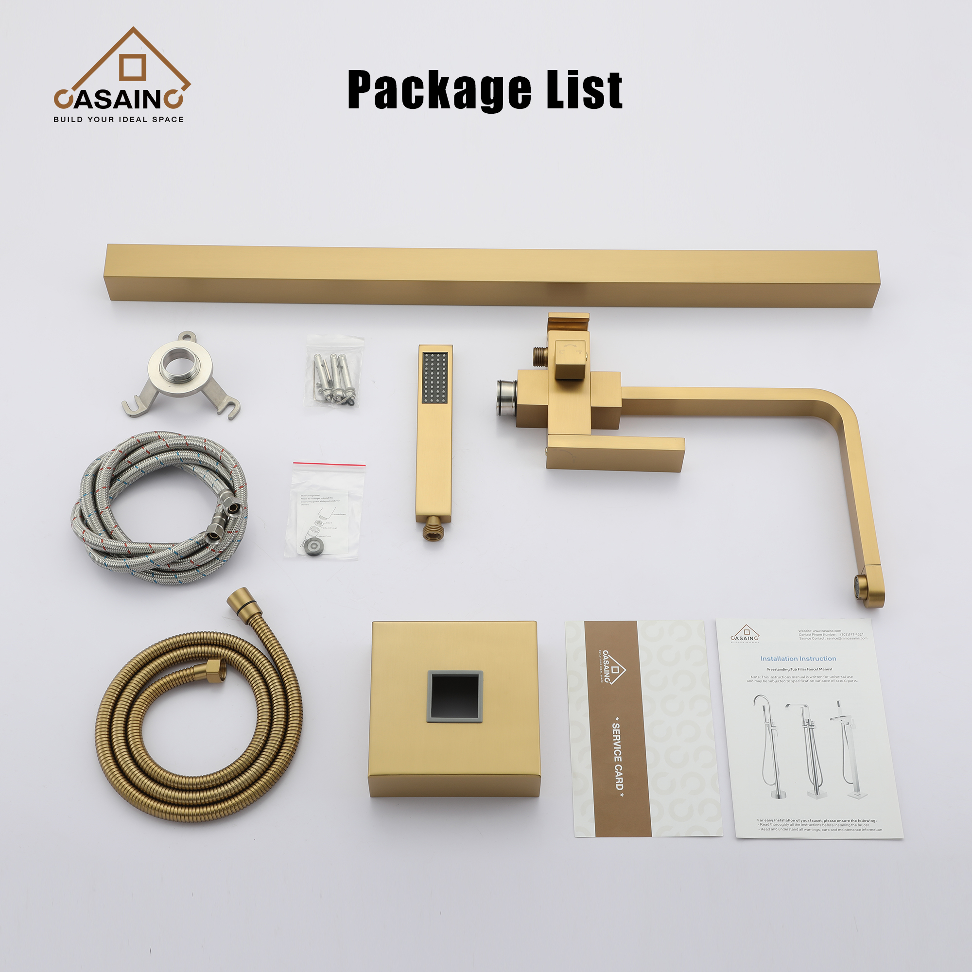 Single-Handle Free-Standing Tub Faucet with Rectangle Hand Shower in Brushed Brass/Brushed Nickel/Oil Rubbed Bronze/Matte Black