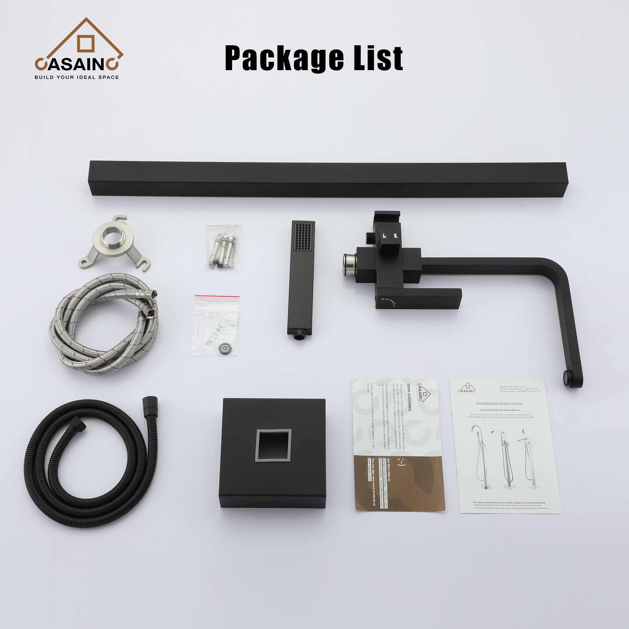 Single-Handle Free-Standing Tub Faucet with Rectangle Hand Shower in Brushed Brass/Brushed Nickel/Oil Rubbed Bronze/Matte Black