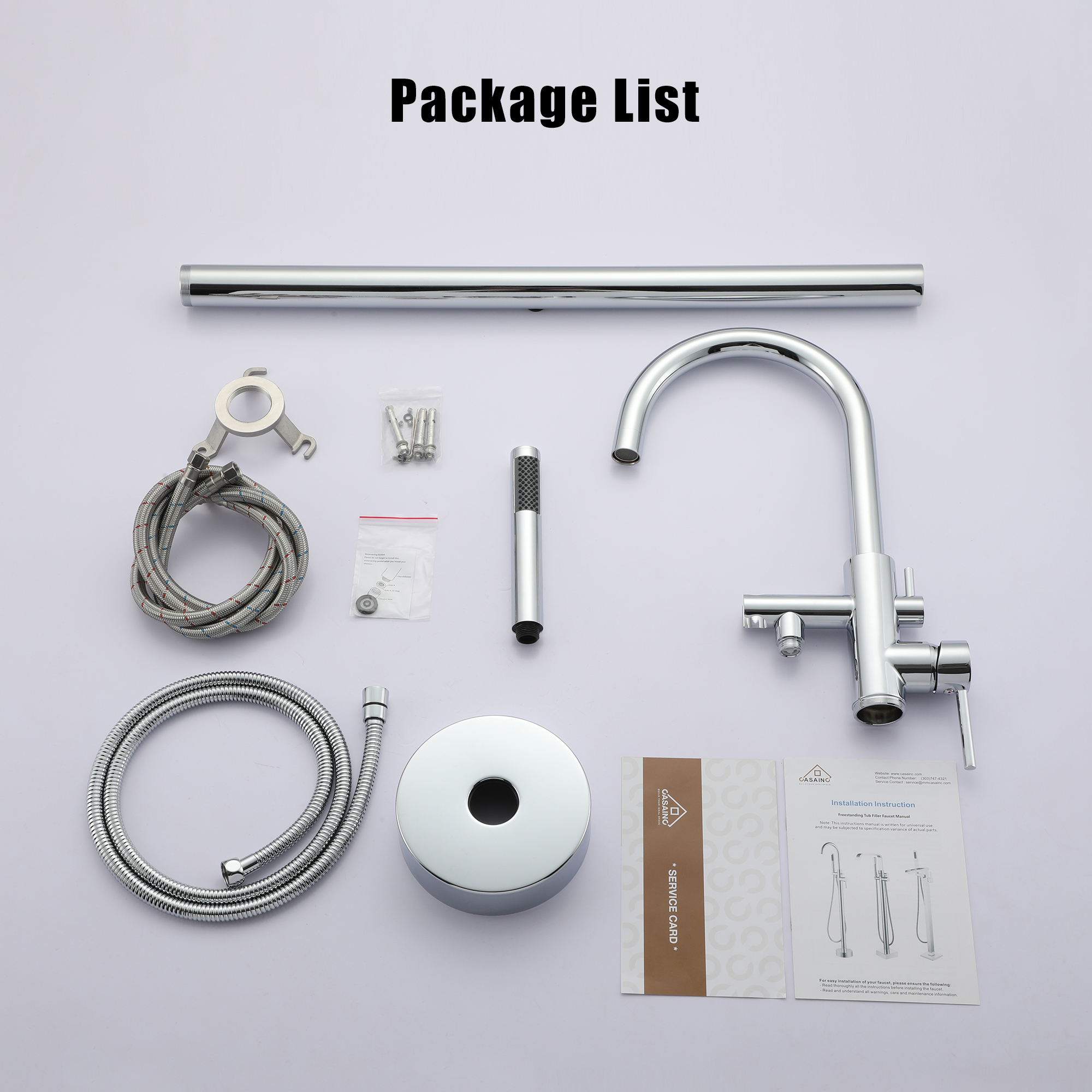 Modern Sleek Floor Mount 2-Handle Freestanding Tub Faucet with Hand Shower and Water Supply Hoses in. Chrome