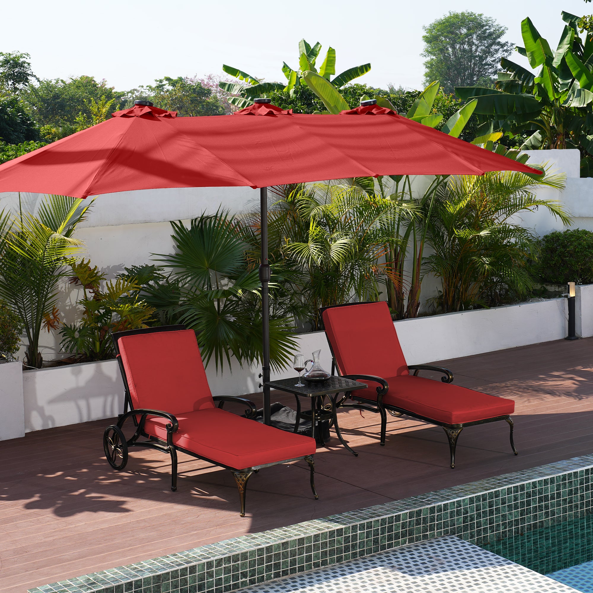 3-Piece Cast Aluminum Outdoor Chaise Lounge with Side Table and Beige/Red Cushion