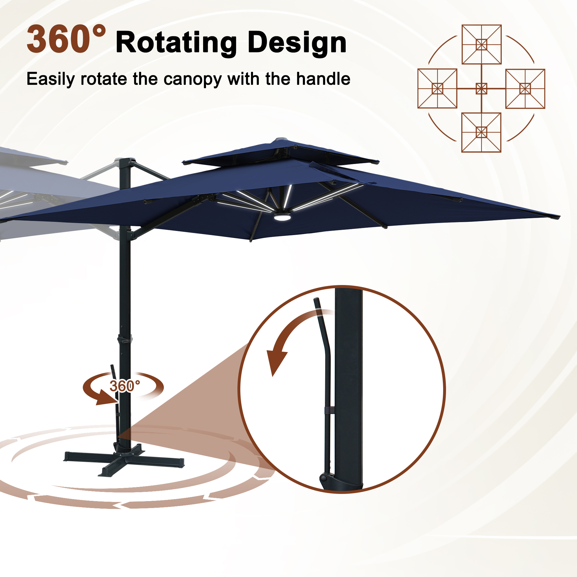 10-Ft Aluminum Patio Cantilever Umbrella with Base and Removable Lights