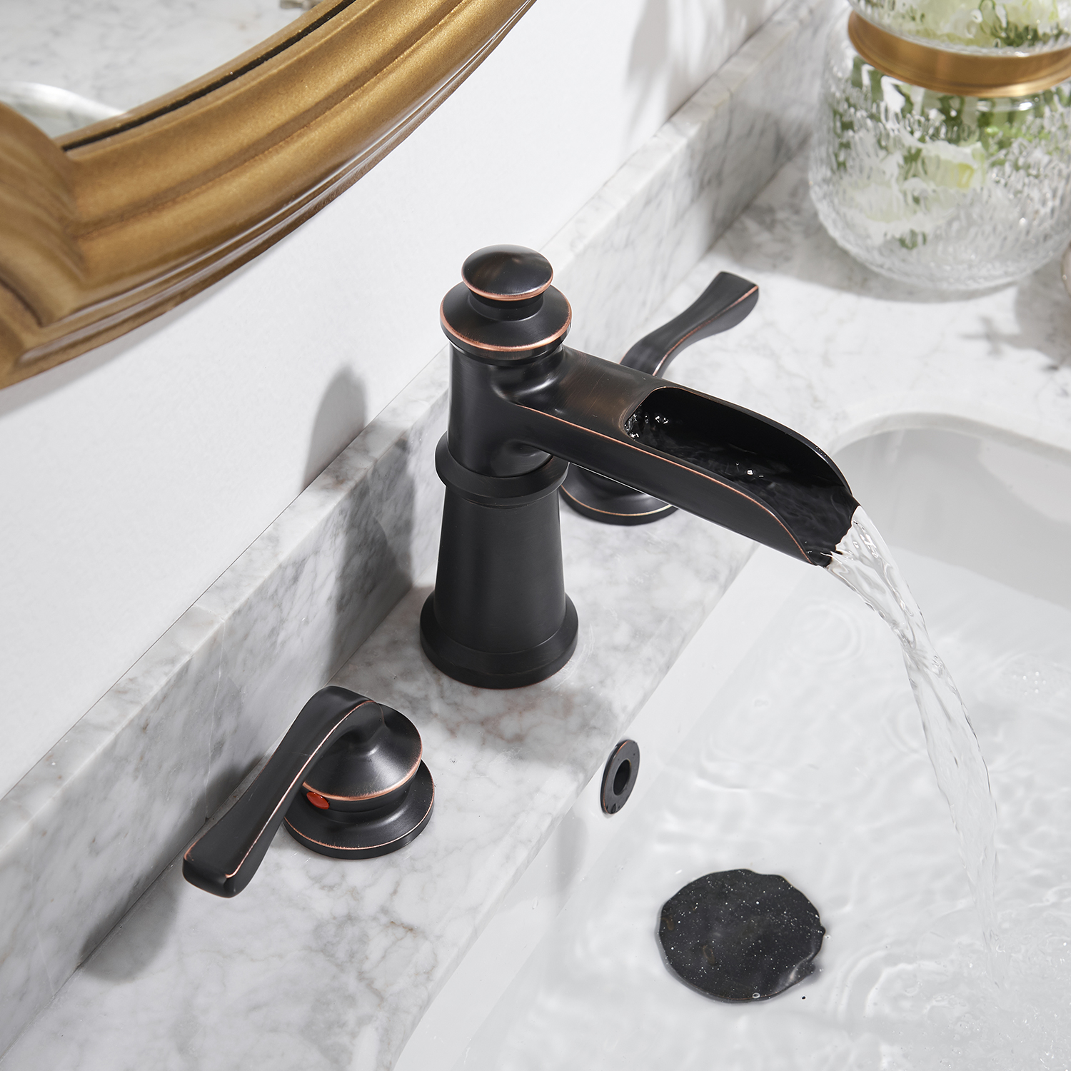 Oil Rubbed Bronze Widespread 2-Handle WaterSense Waterfall Bathroom Sink Faucet with Drain