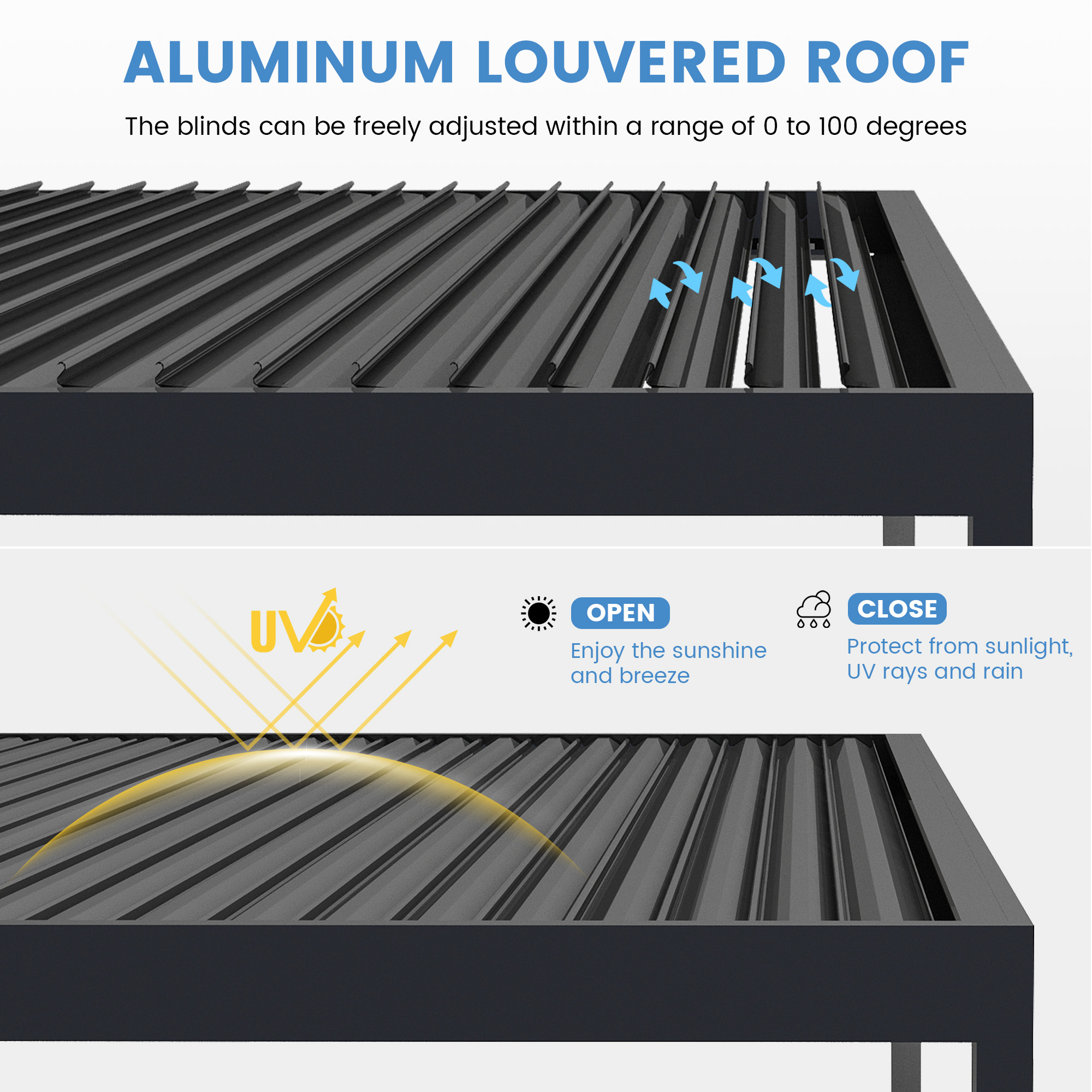 Aluminum Outdoor Pergola Gazebo with Adjustable Louvered Roof and Solar-Powered LED Lights – Modern Weather-Resistant Patio Shade Structure