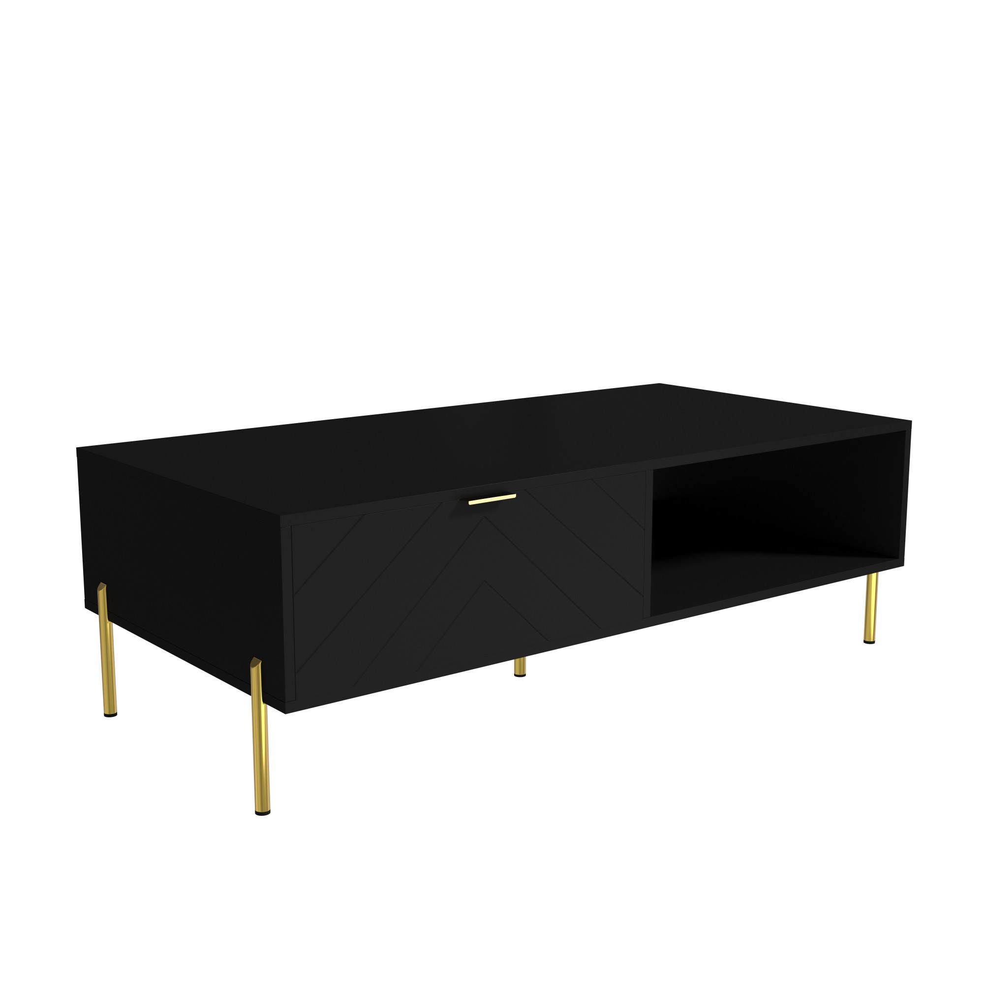 Mid-Century Modern Coffee Table, 48" Rectangle Coffee Table with Double Drawers, Gold Metal Decor, Center Table for Living Room,White