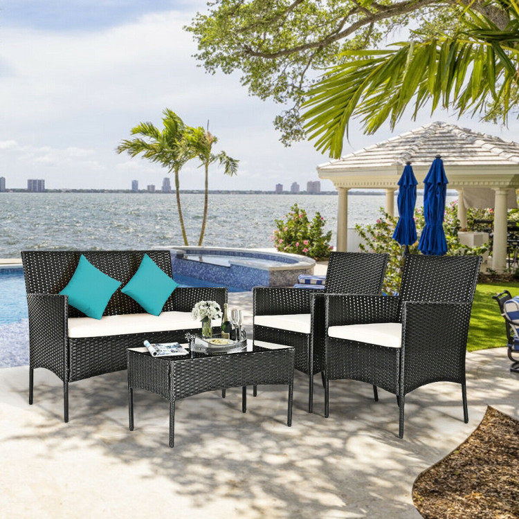 Mondawe 4 Pcs Patio Rattan Cushioned Sofa Furniture Set with Tempered Glass Coffee Table-White/Red/Turquoise-Mondawe