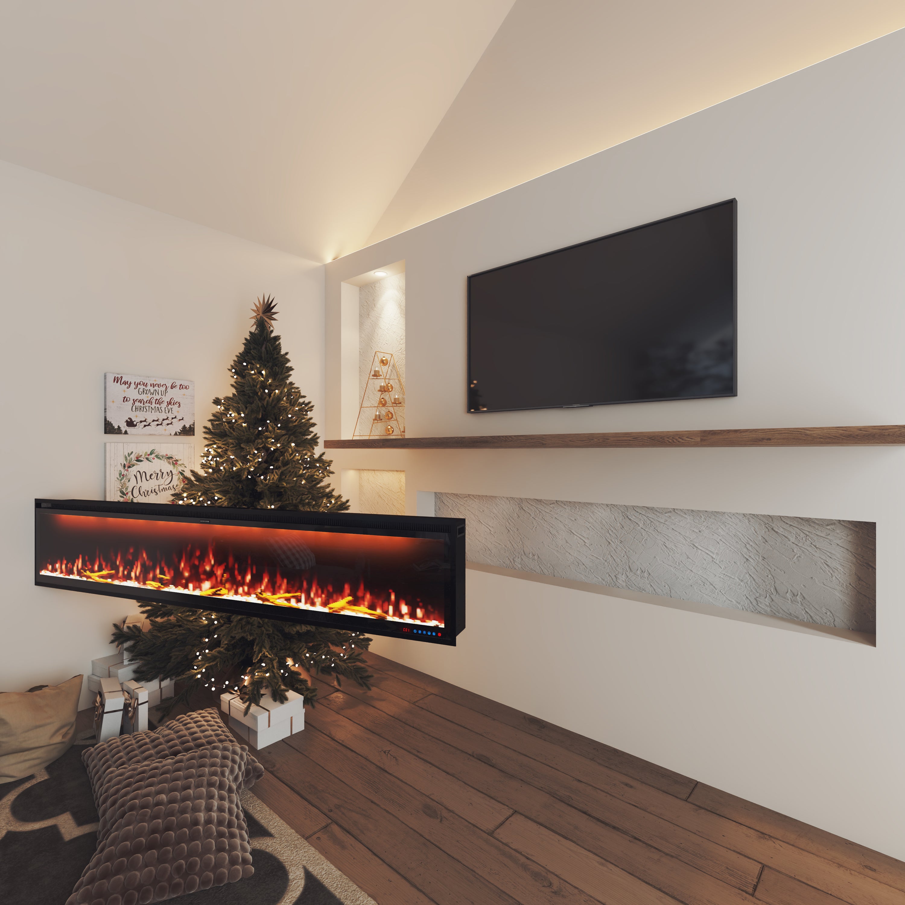 50/60/74/88-in W Black LED Wall-mount Electric Fireplace with Remote Control Included