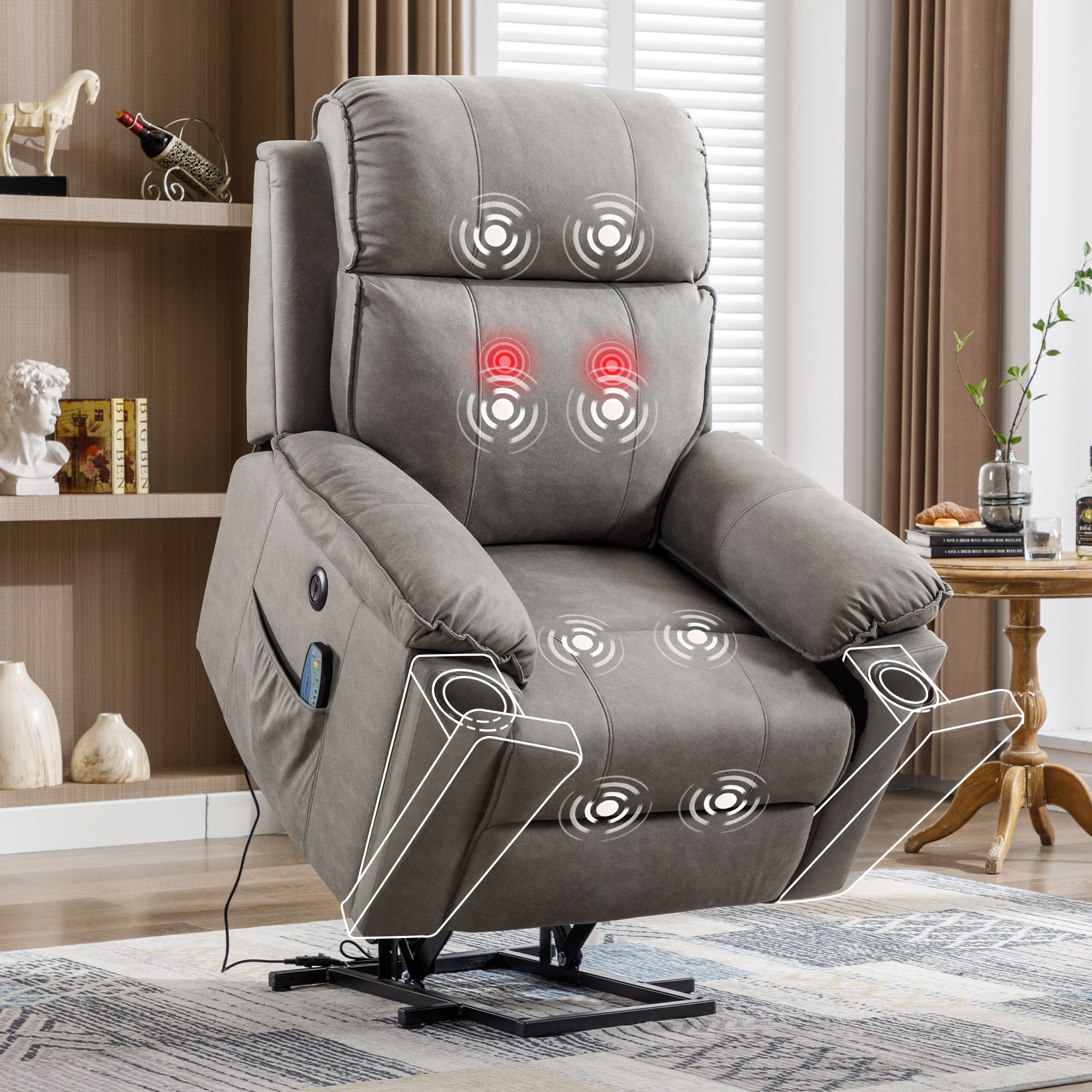 Recliner Chair Electric Power Lift Recliner Chair with Massage and Heat for Elderly, with Side Pockets, Hidden Cup Holder