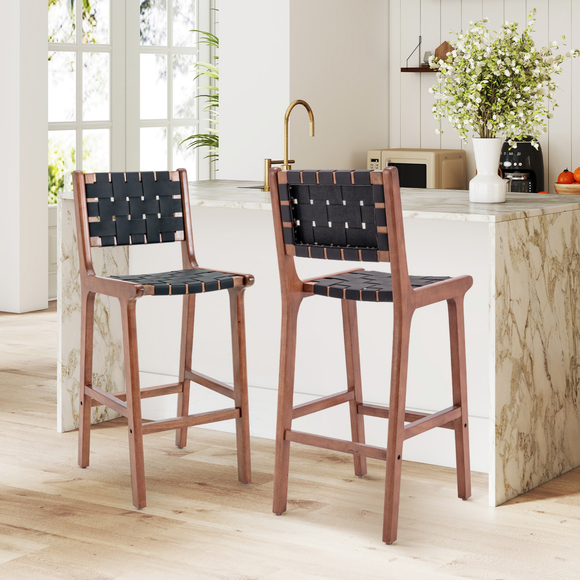 Woven Leather Bar Stool, Counter Height Bar Stools - Black