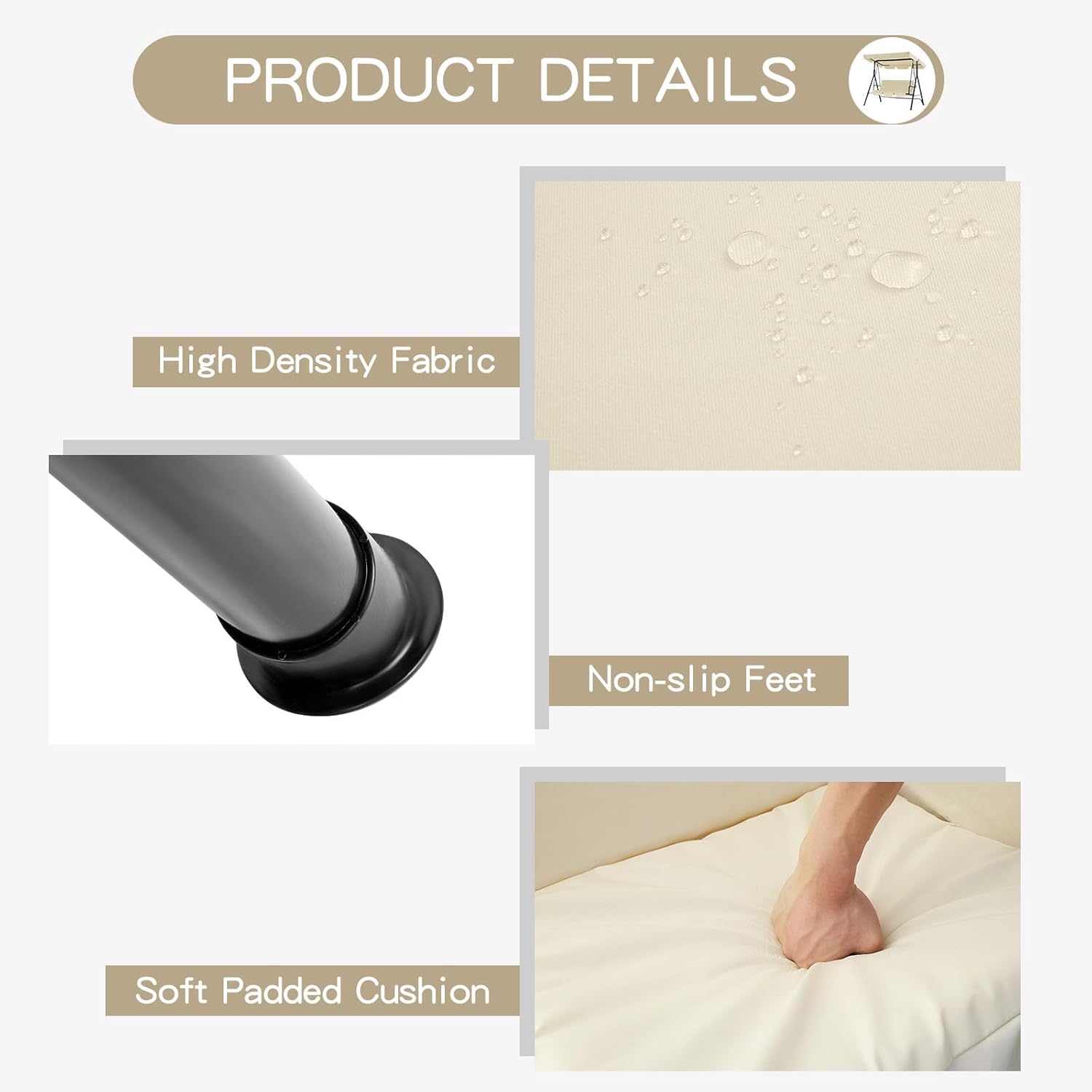 3-Person Steel Frame Outdoor Patio Porch Swing Chair in Beige/Navy Blue/Red/Brown/Dark Gray With Adjustable Canopy