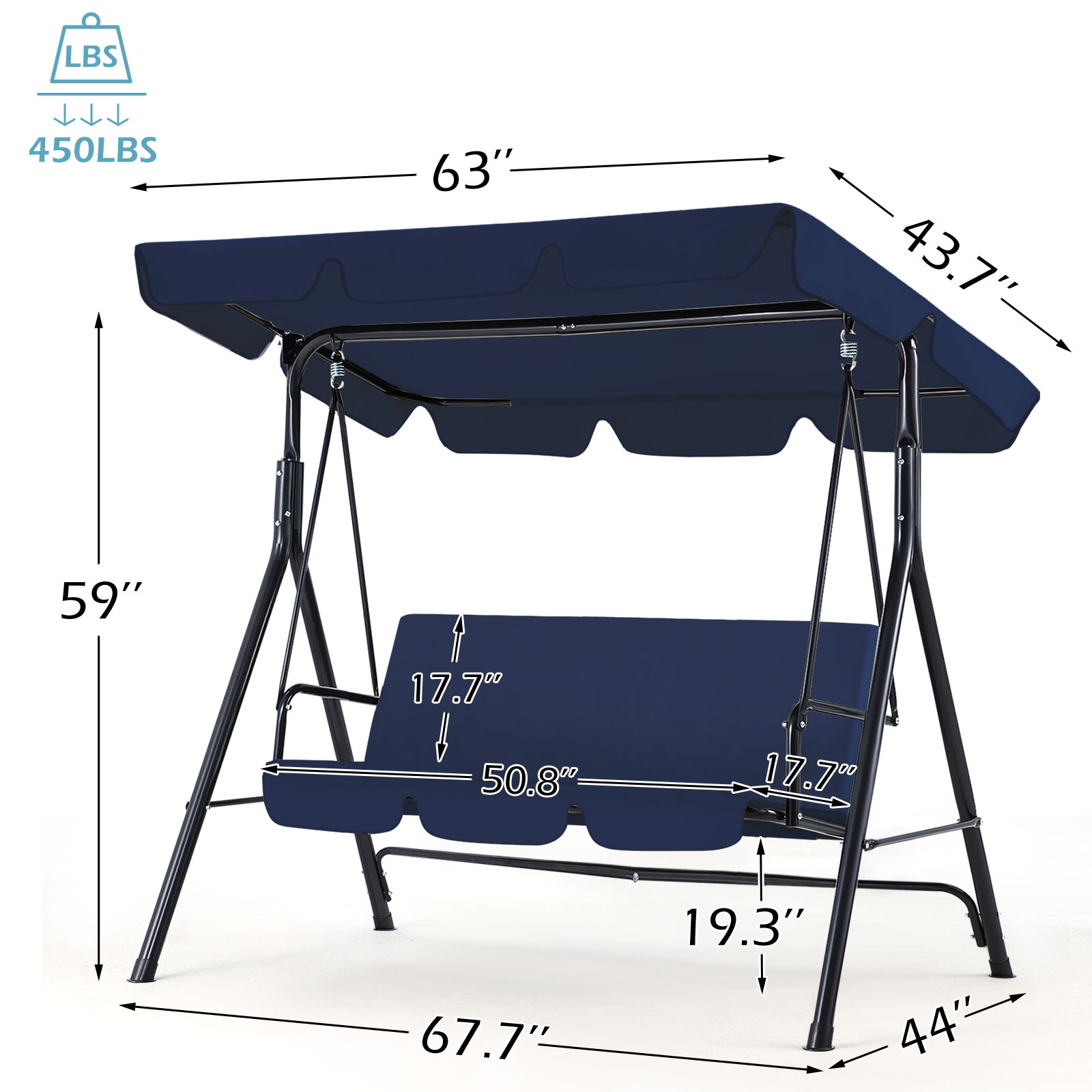 3-Person Steel Frame Outdoor Patio Porch Swing Chair in Beige/Navy Blue/Red/Brown/Dark Gray With Adjustable Canopy