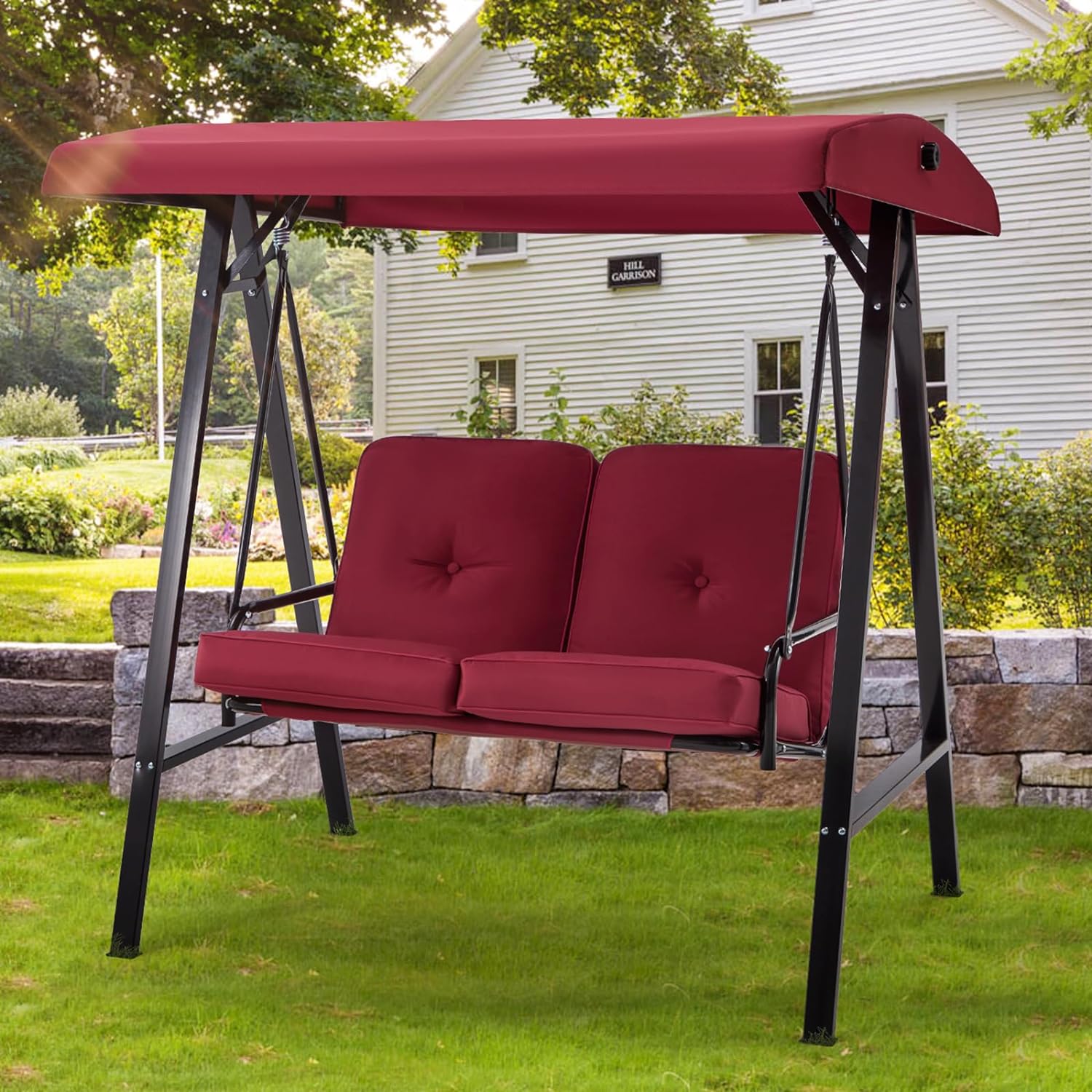 2-Person Metal Patio Swing with Canopy and Cushions in Brown/Black/Red
