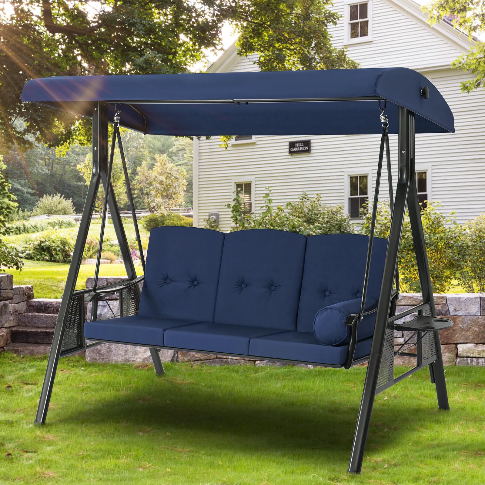 3-Person Metal Outdoor Patio Swing Chair In Navy Blue/Brown/Red/Black With Canopy And Cushions