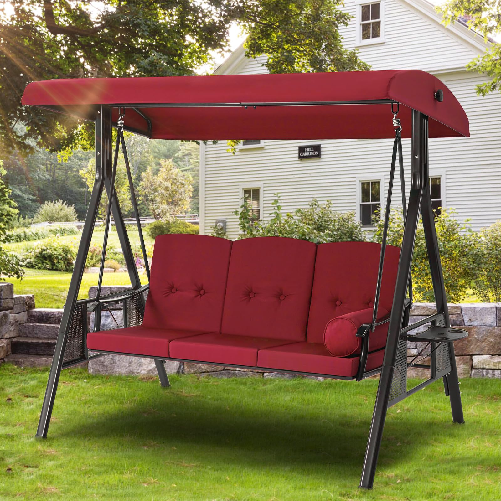 3-Person Metal Outdoor Patio Swing Chair In Navy Blue/Brown/Red/Black With Canopy And Cushions