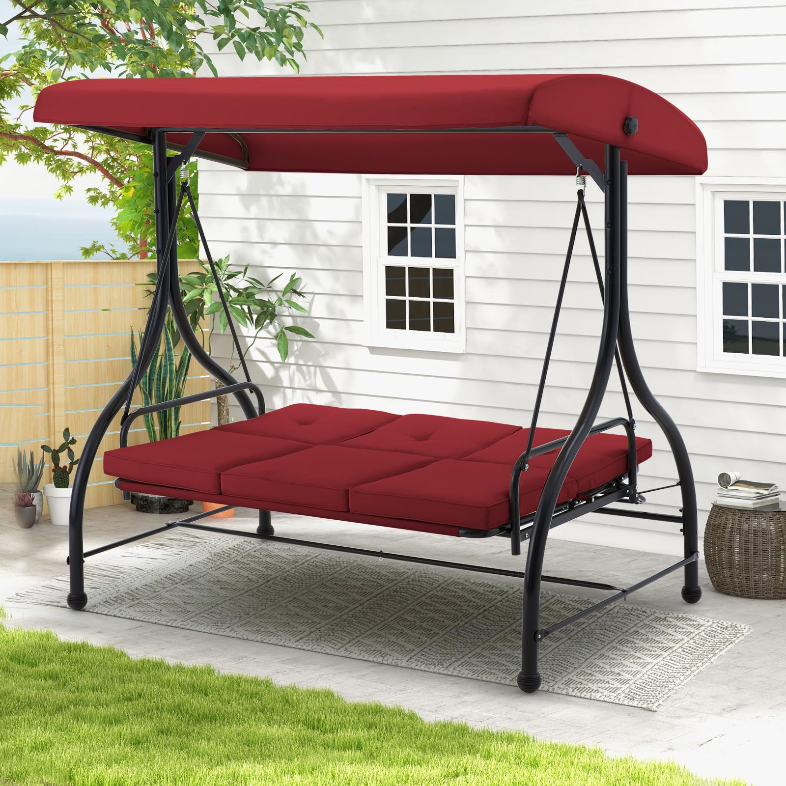 3-Seat Heavy-Duty Metal Patio Swing with Plush Black/Brown Cushions –