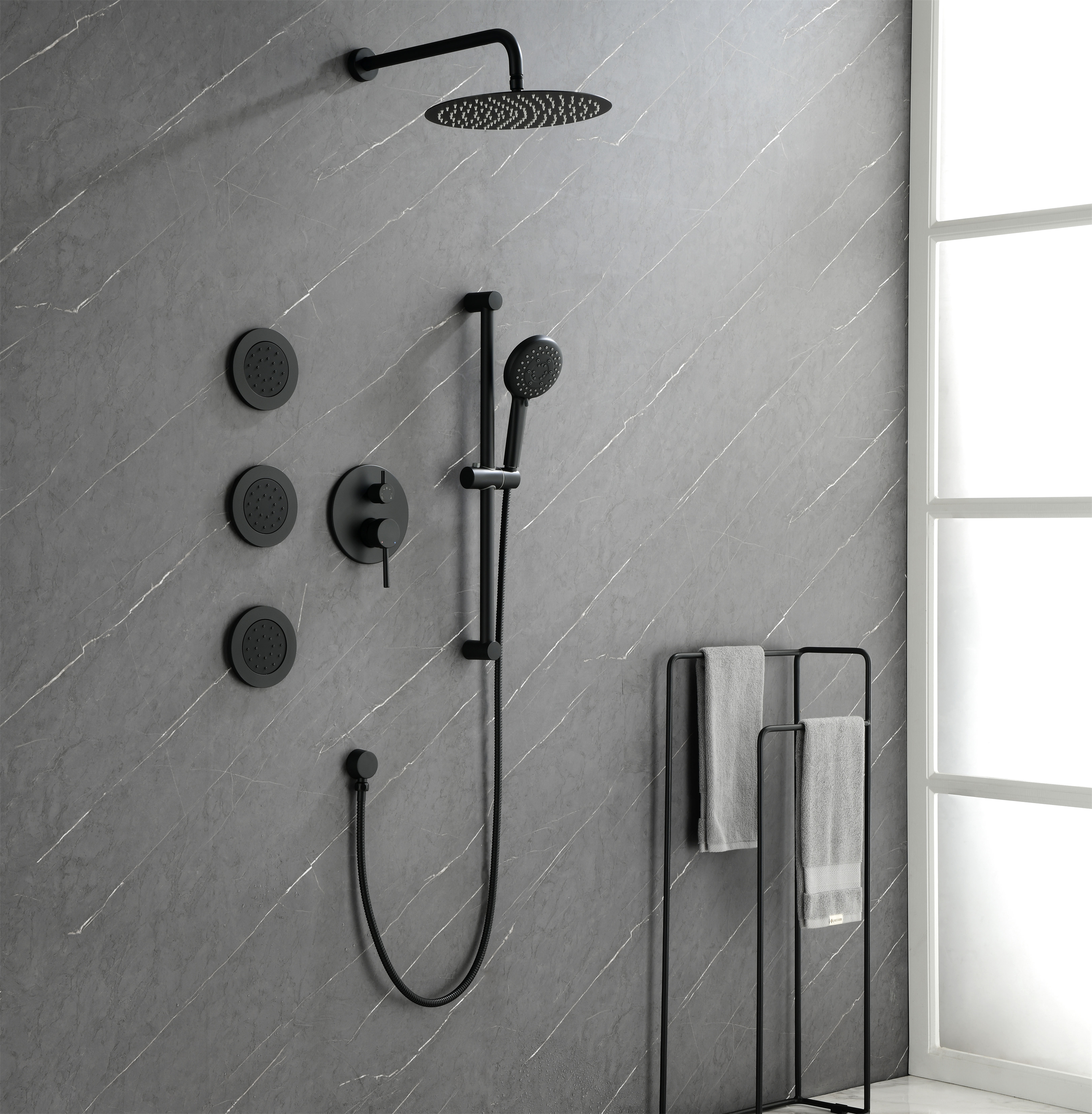 3-Spray Square High Pressure Deluxe Wall Bar Shower Kit with Slide Bar and 3-Body Spray in Brushed Nickel/Matte Black-Mondawe