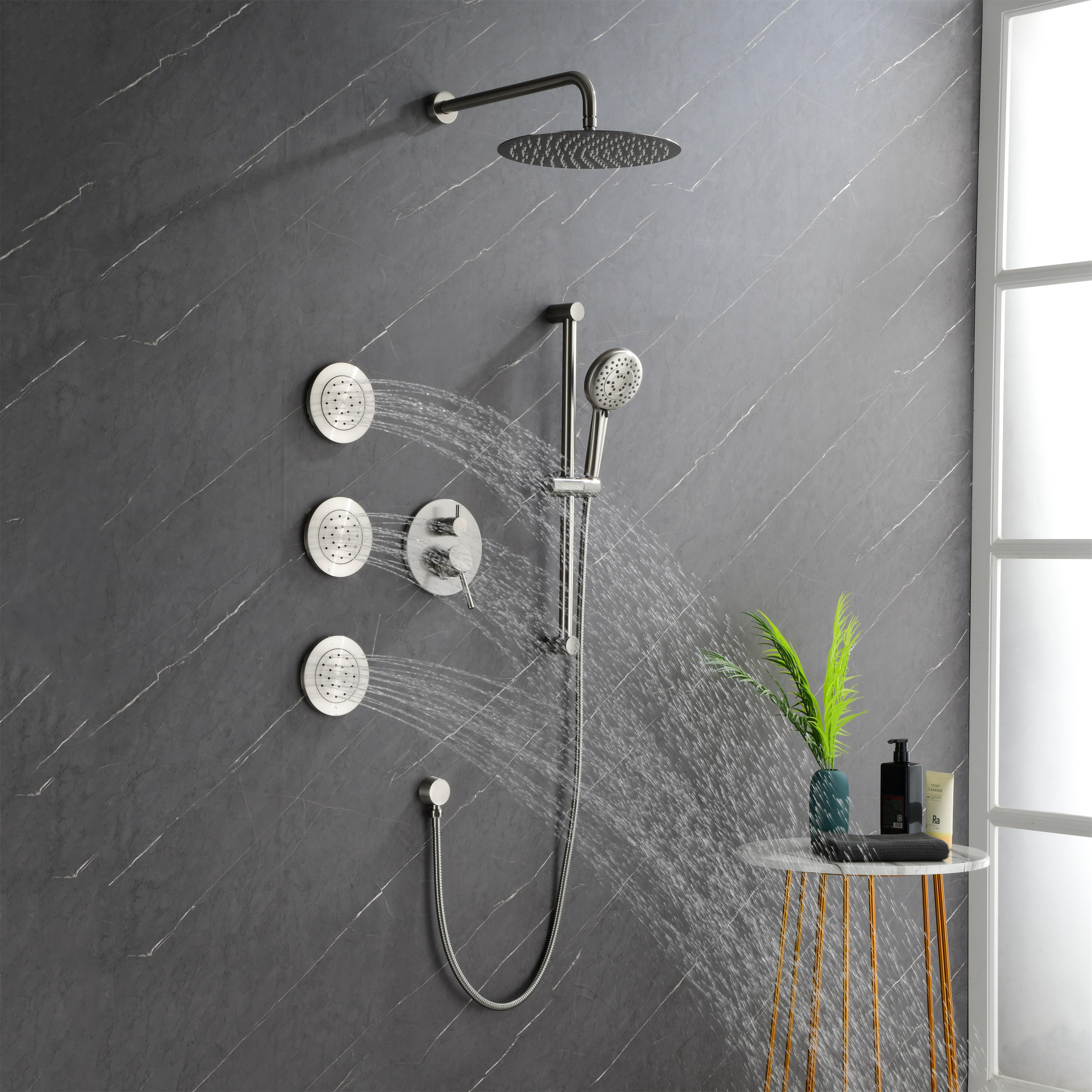 3-Spray Square High Pressure Deluxe Wall Bar Shower Kit with Slide Bar and 3-Body Spray in Brushed Nickel/Matte Black-Mondawe