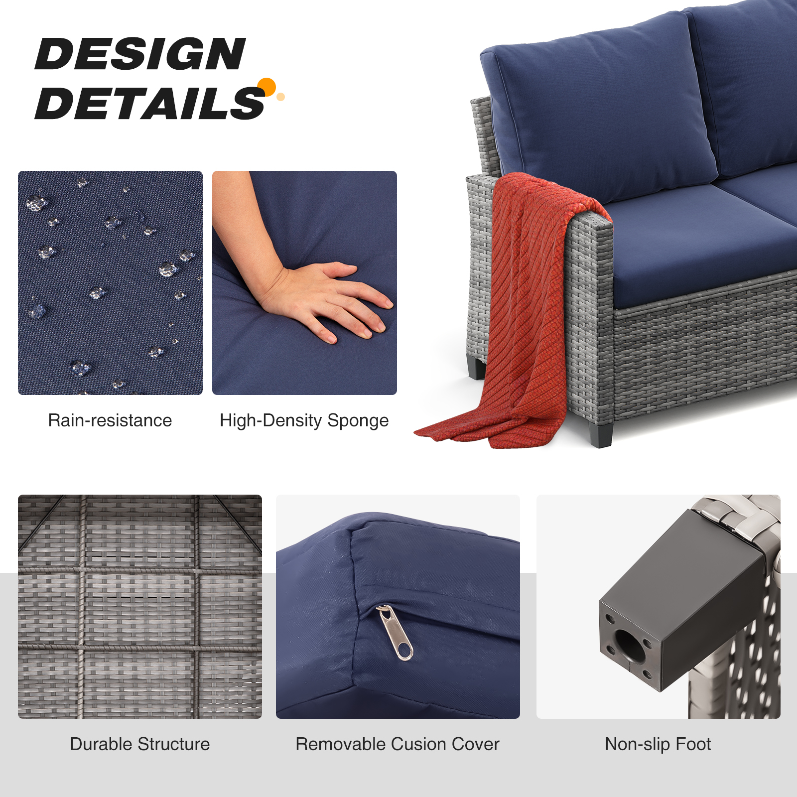 5-Piece PE Rattan Patio Furniture Set – 3-Seater Sofa, 2 Armchairs, 2 Ottomans with Cushions, Outdoor Lounge Seating, Gray/Beige/Blue
