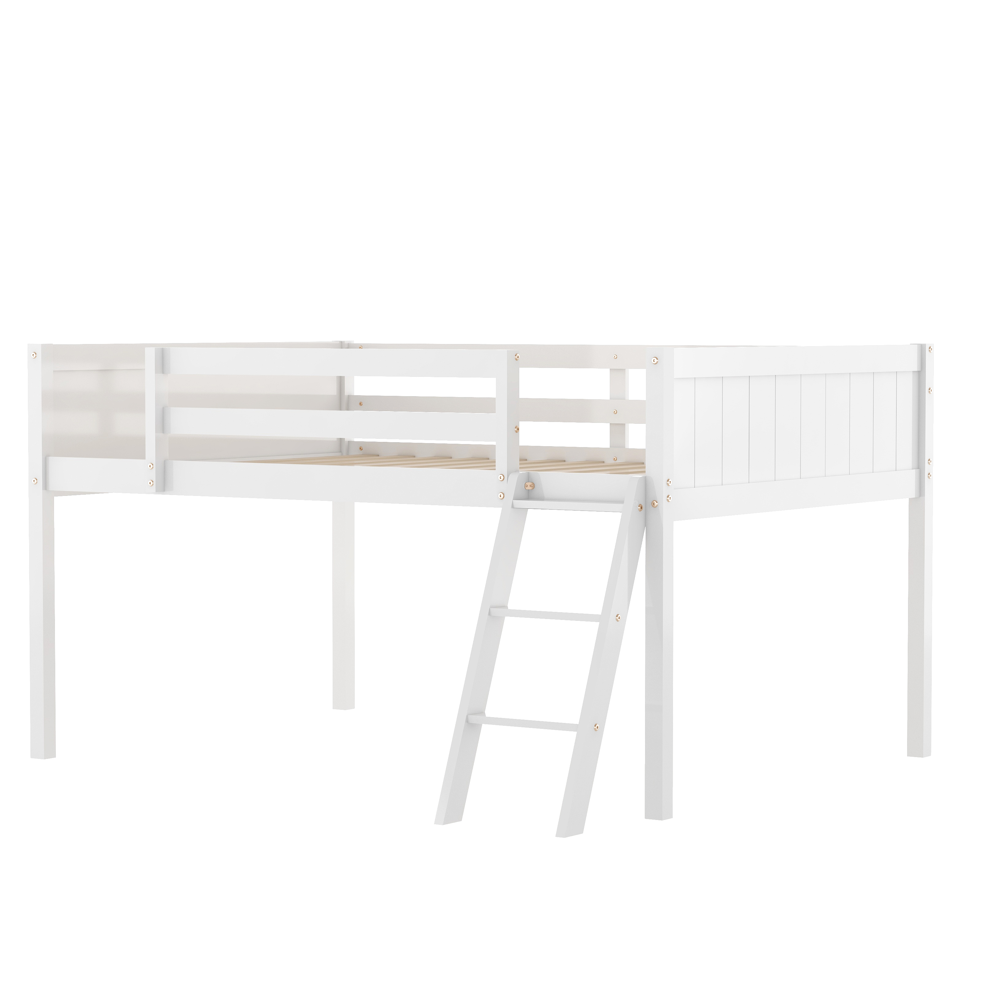 Full Size Wood Low Loft Bed with Ladder, ladder can be placed on the left or right, Gray/White