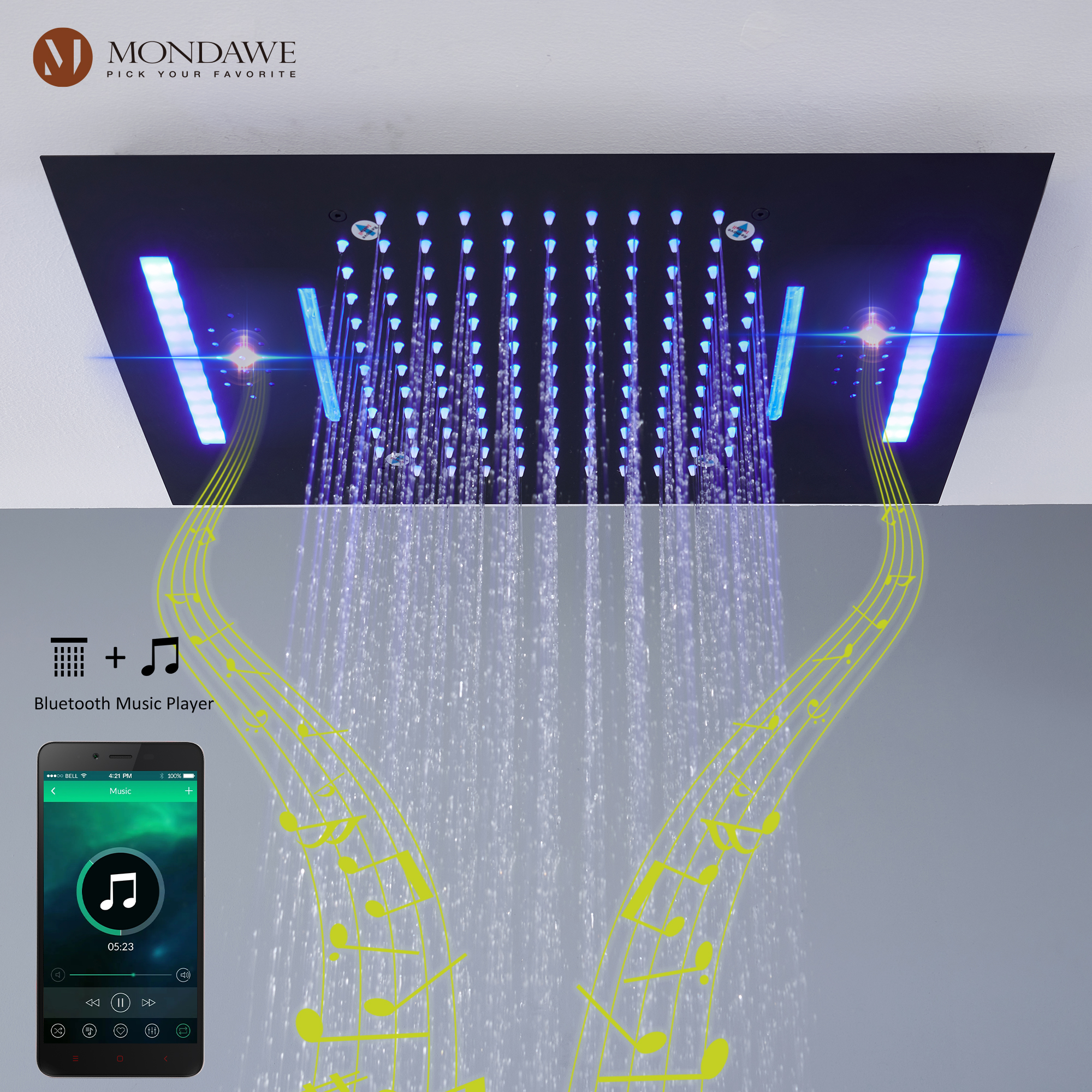 Mondawe Luxury 4-Way Thermostatic Shower System with LED and Music Player-Mondawe