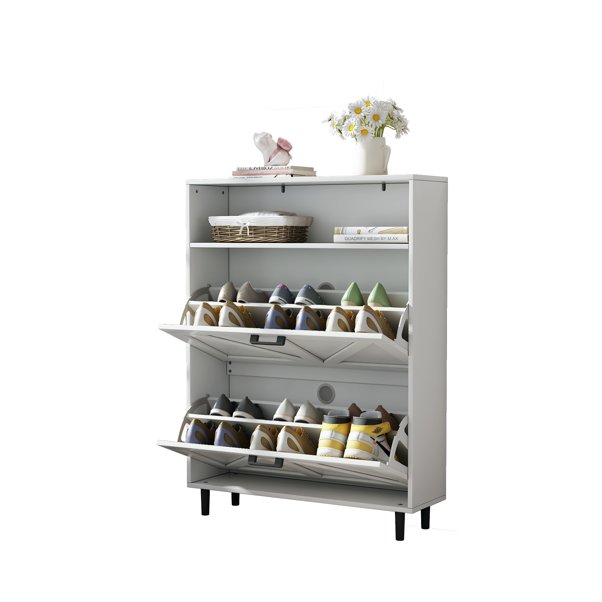 Farmhouse Shoe Storage Cabinet with Barn Door Design, Shoe Organizer with 2 Flip Drawers, Freestanding Narrow Shoe Rack Cabinet with Open Storage for Entryway,Foyer,Hallway,(Antique White/Natural Wood) 