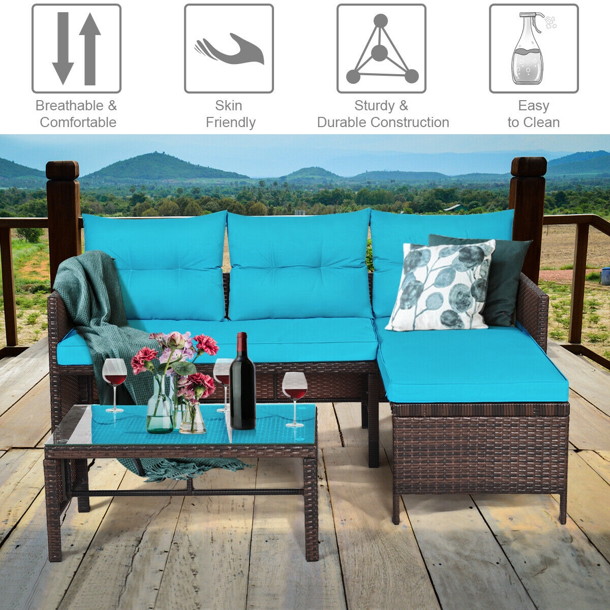Mondawe 3 Piece Patio Wicker Rattan Sofa Set-Turquoise-Mondawe