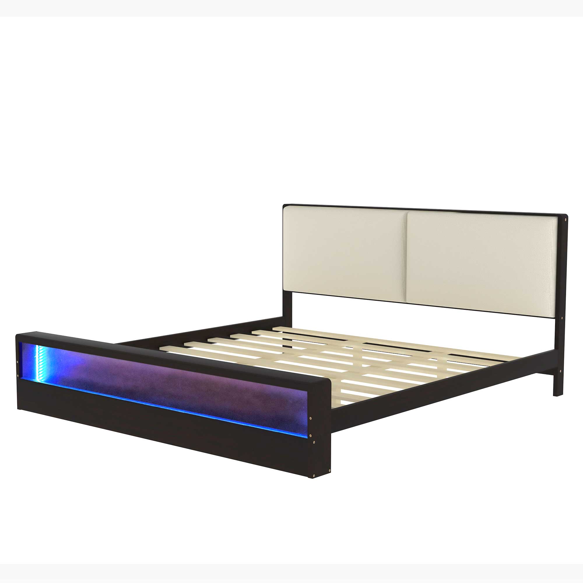 King/Queen Size Platform Bed Frame with Upholstery Headboard and Bookshelf in Footboard and LED Light Strips, Espresso