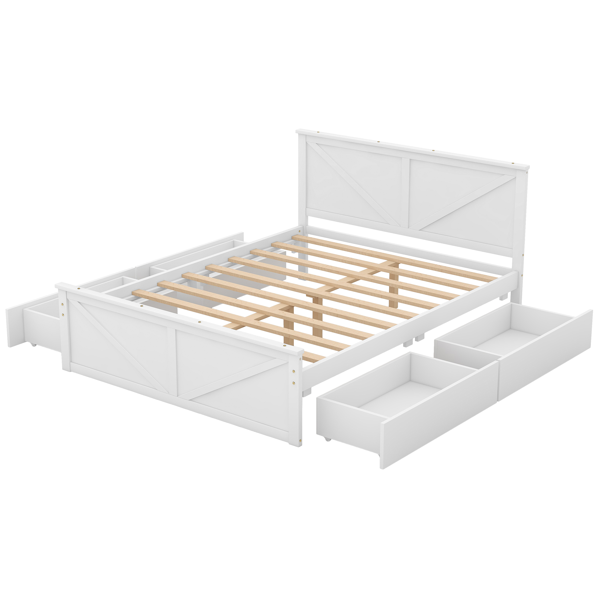 King/Queen Size Wooden Platform Bed with Four Storage Drawers and Support Legs, White/Gray