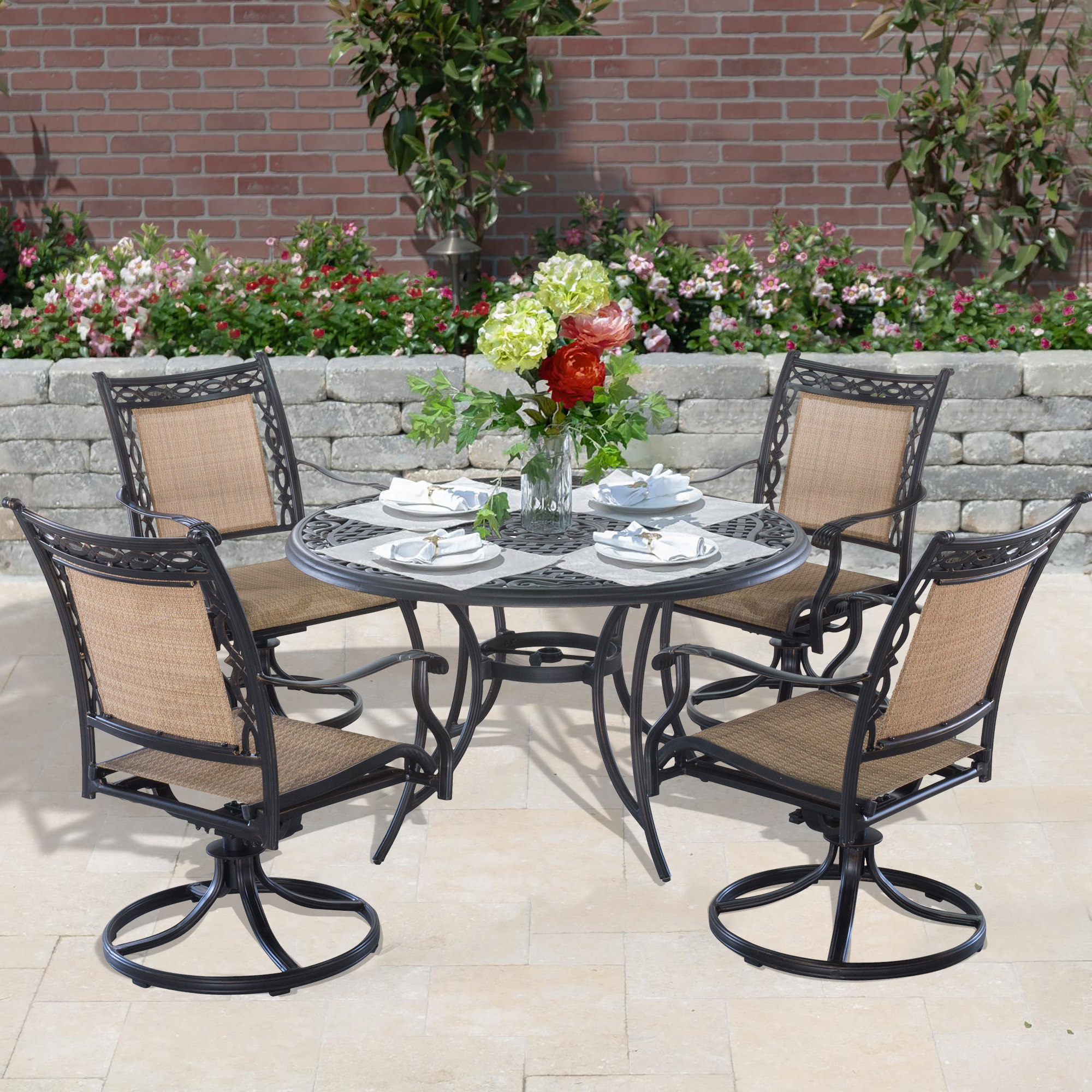 Mondawe 5-Piece Outdoor Patio Cast Aluminum Swivel Chair Set with Round Table(Brown)-Mondawe