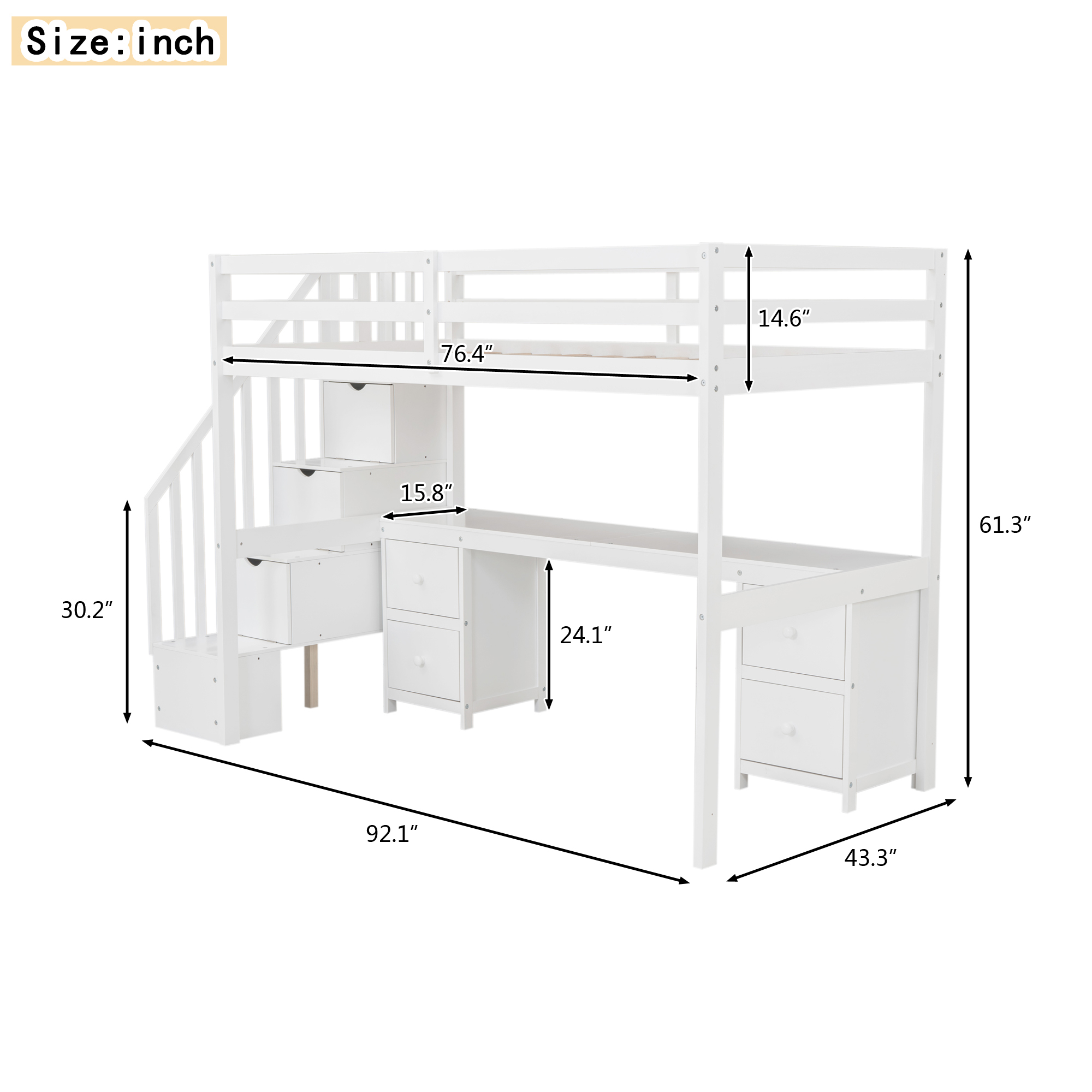 Twin Size Loft Bed Frame with Built-in Desk and Double Storage Drawers,White/Gray