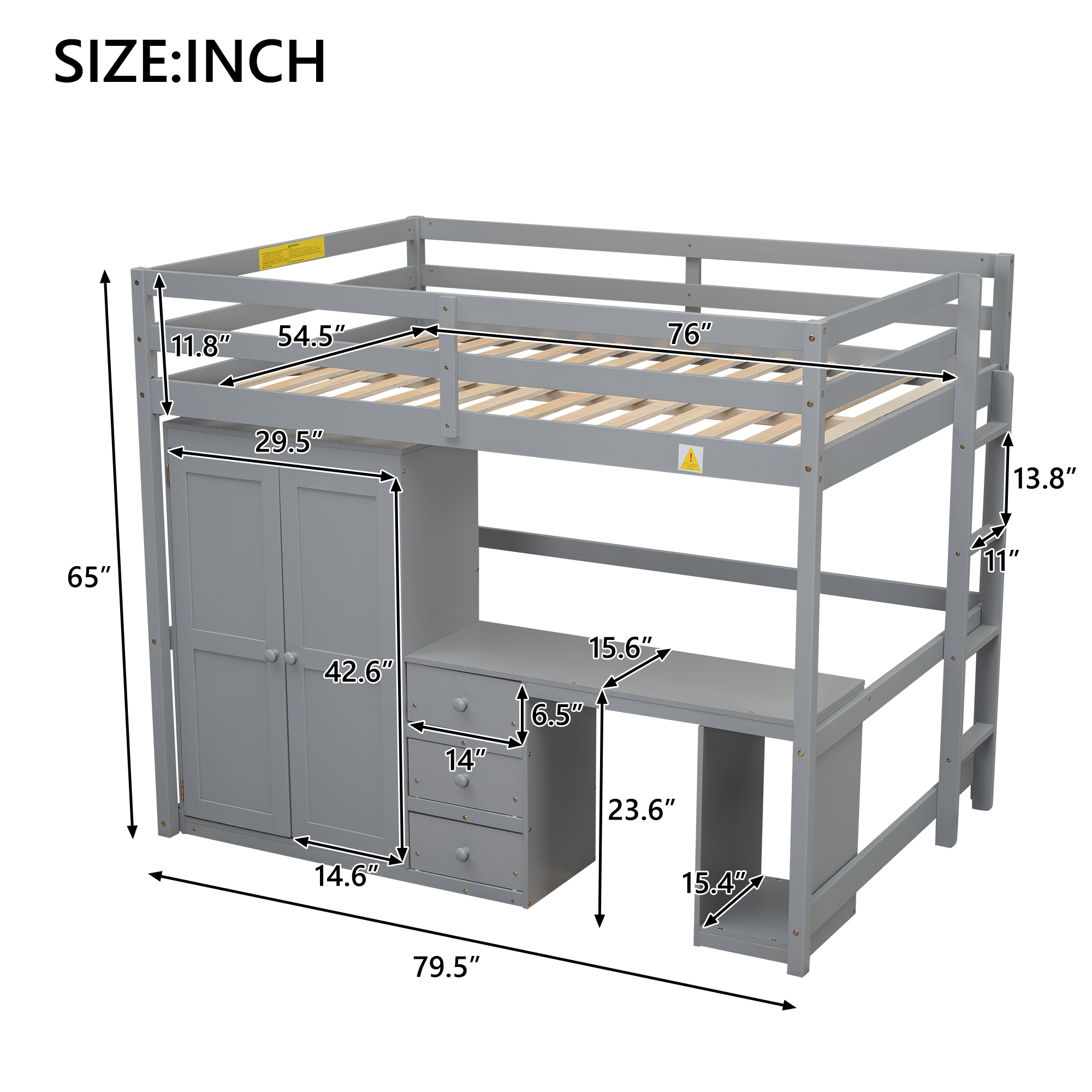 Full/Twin Size Loft Bed with Wardrobe, Desk and Storage Drawers, Gray/White
