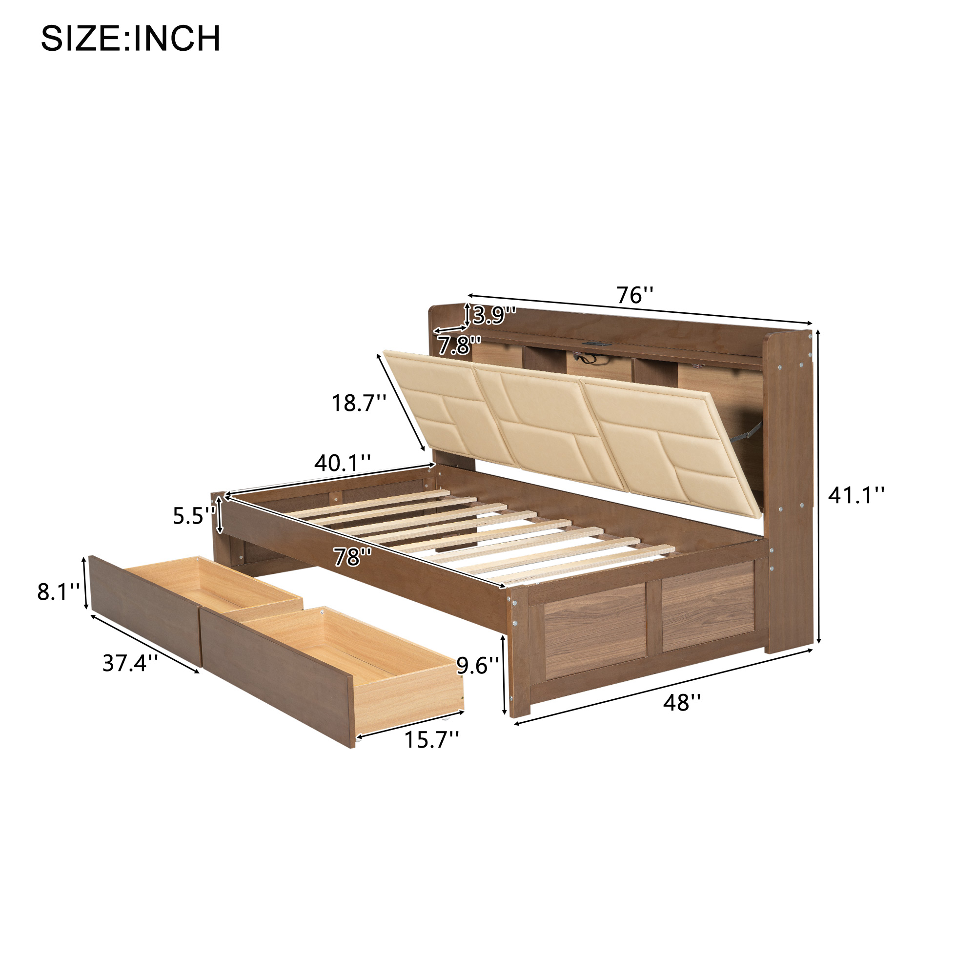 Full/Twin Size Wood Daybed with Upholstered Storage Shelves, USB Ports and 2 Drawers, Wood Color 