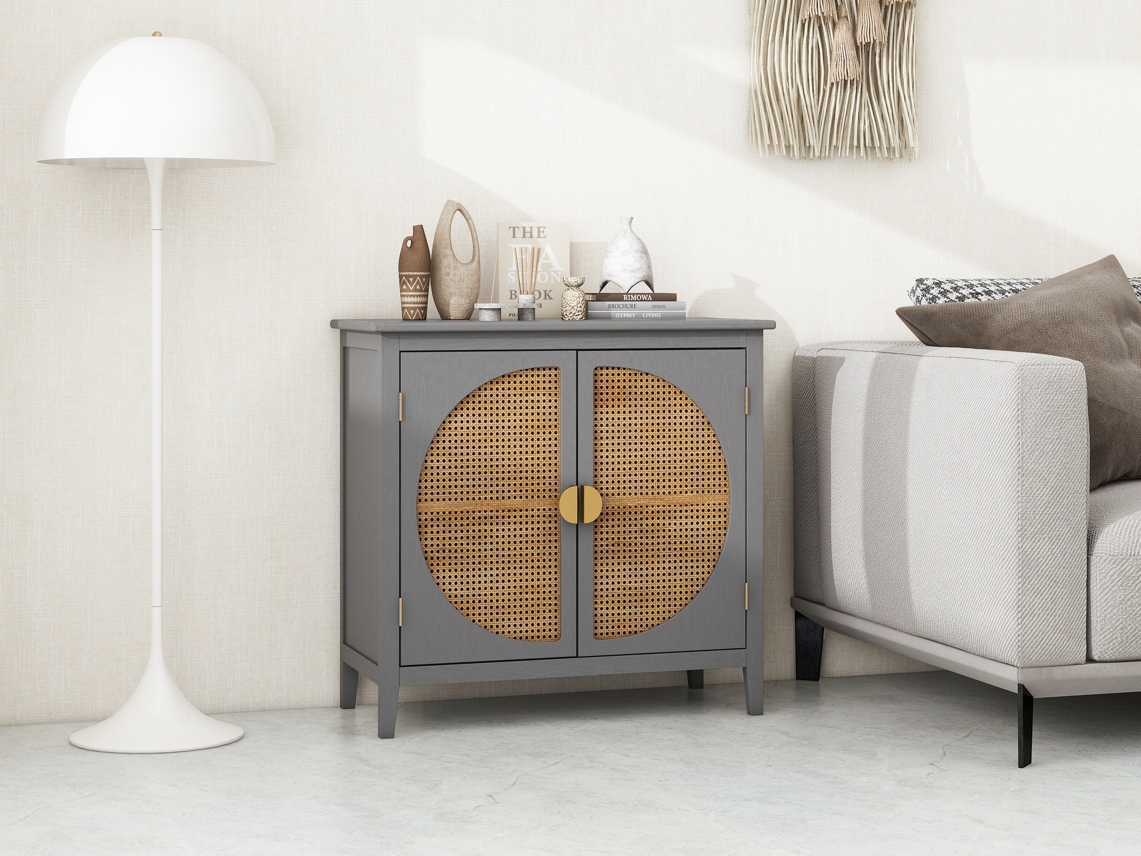 2 door cabinet with semicircular elements,natural rattan weaving,suitable for multiple scenes such as living room, bedroom, study room 