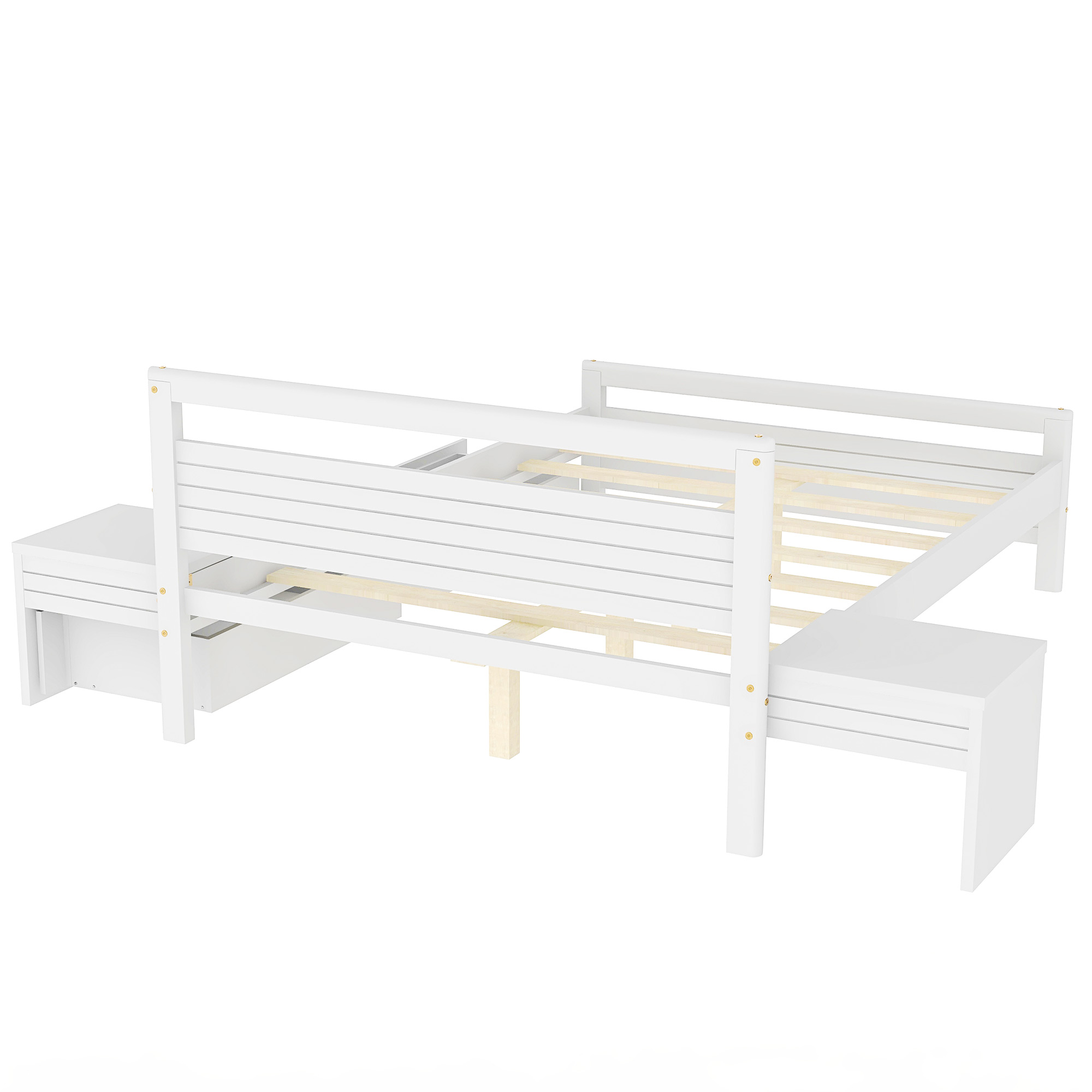 Full Size Wooden Platform Bed with 2 Storage Drawers and 2 bedside tables, White 