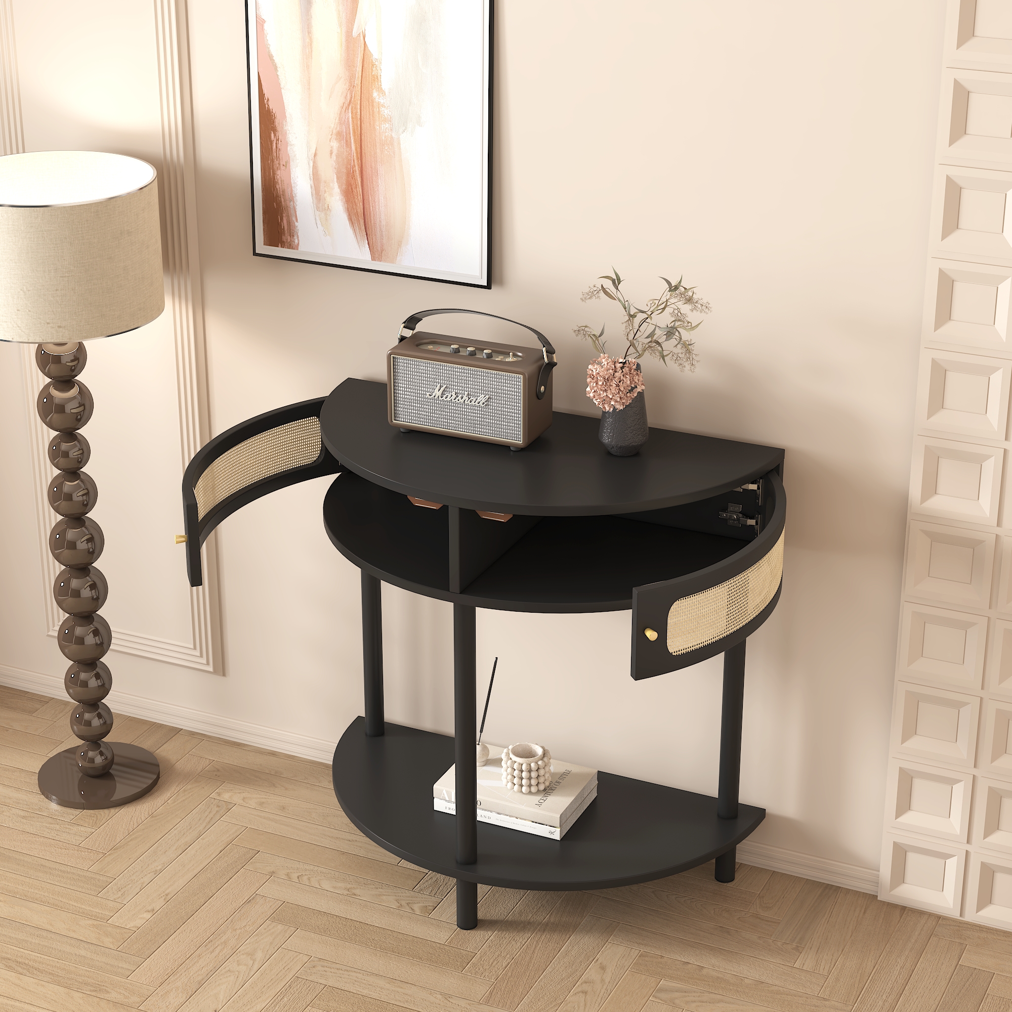 Unique Half Moon Design End Table with Sliding Rattan Door,Elegant Semi-circle Entryway Console Table with 2 Rattan Storage Cabinet and Bottom Shelf for Living room, Bedroom, Study, Hallway 