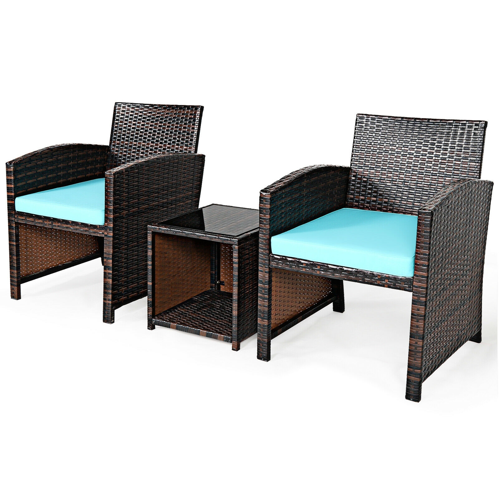 Mondawe 3 Pieces PE Rattan Wicker Furniture Set with Cushion Sofa Coffee Table for Garden-Turquoise-Mondawe