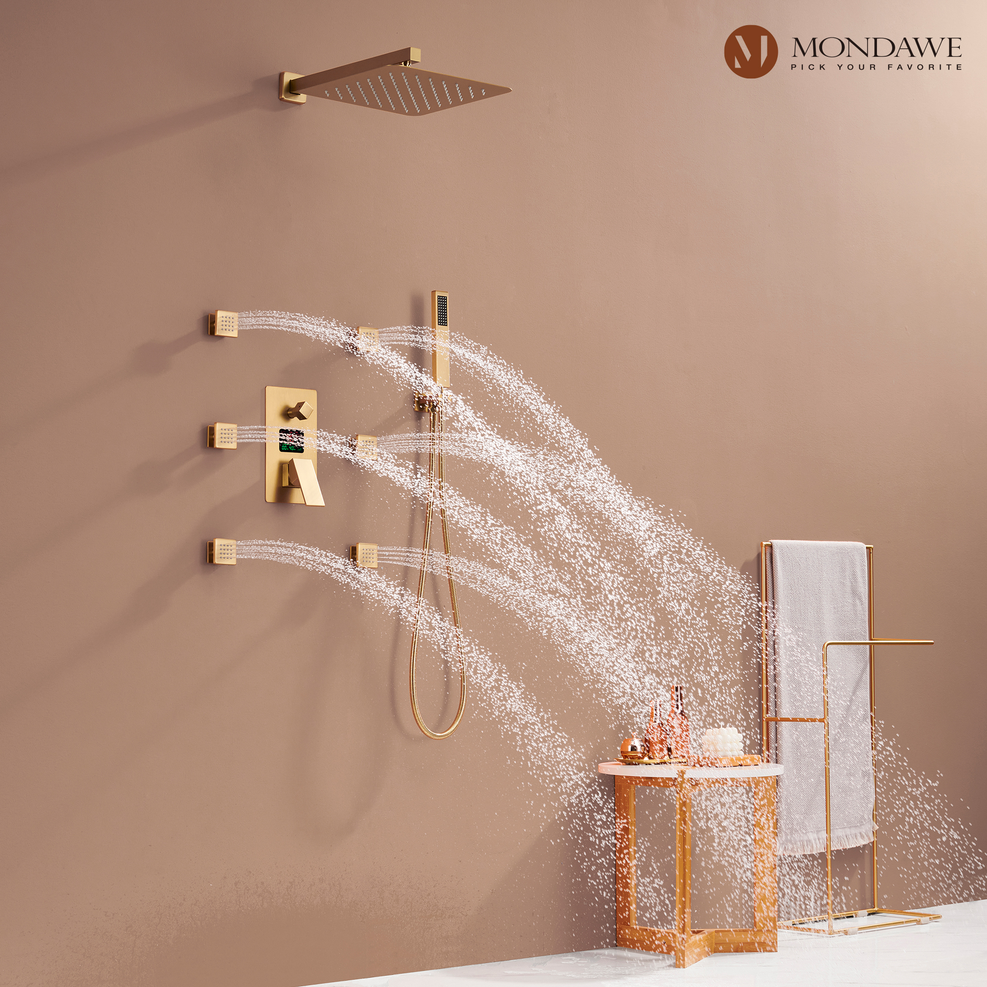 Mondawe Wall Mount Pressure Balanced Rain Shower Head System with Body Sprayers Handheld Shower and Digital Display-Mondawe