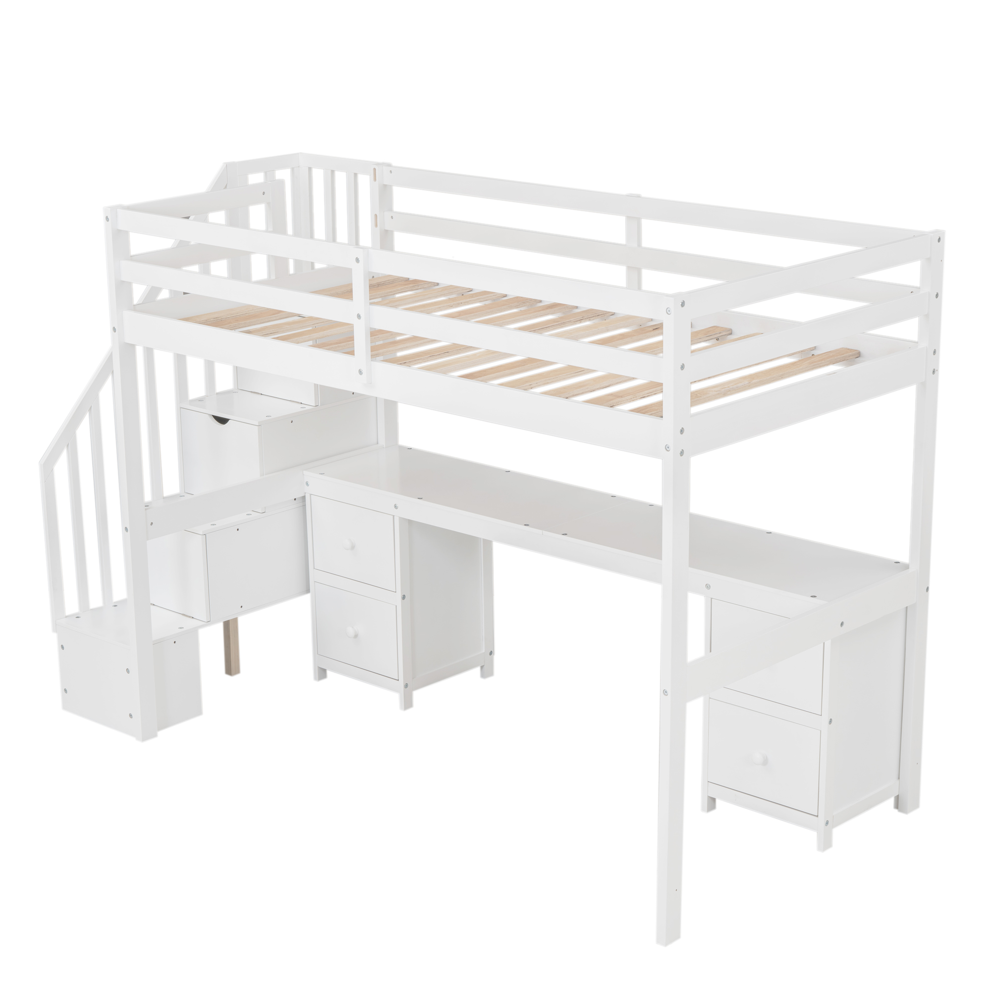 Twin Size Loft Bed Frame with Built-in Desk and Double Storage Drawers,White/Gray
