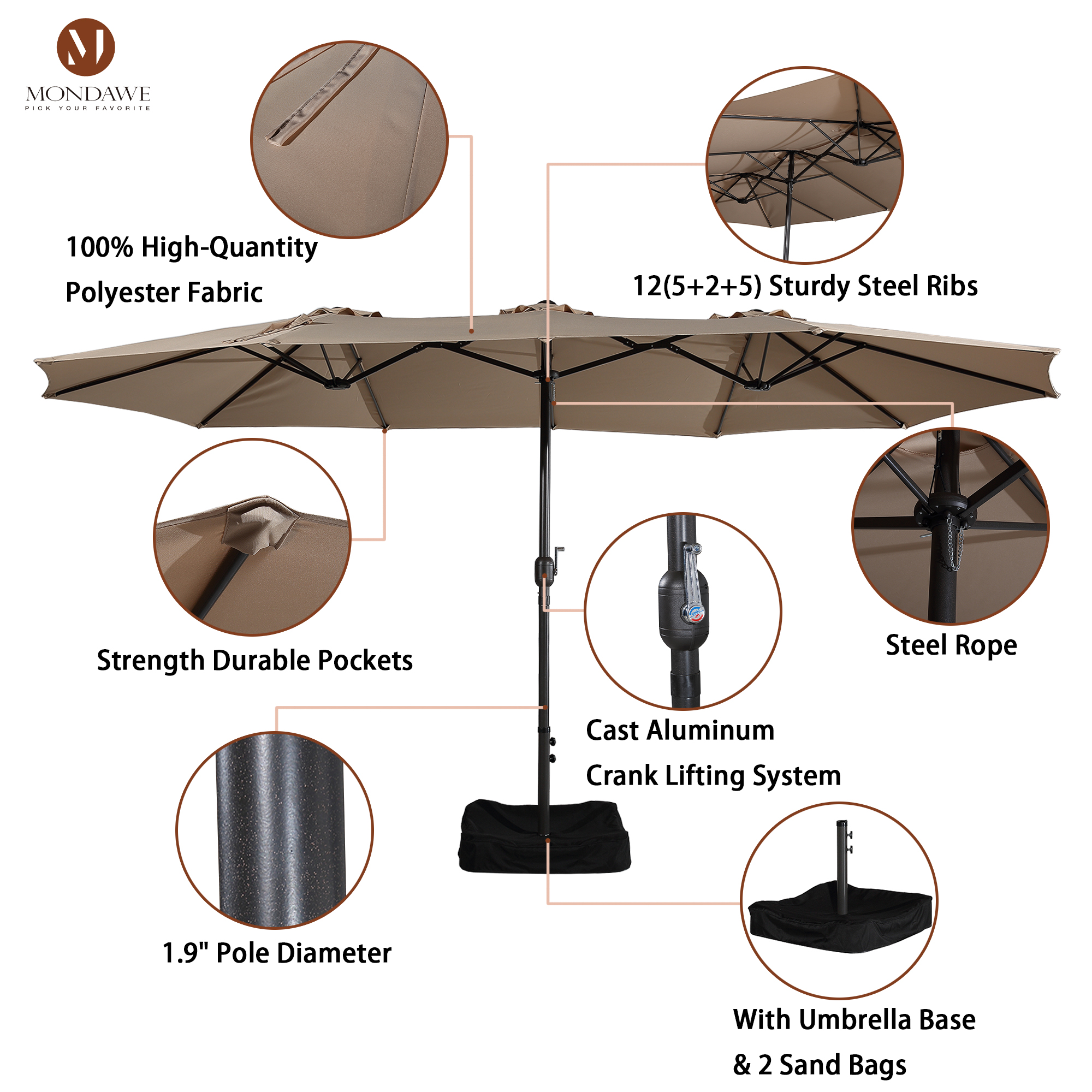 Mondawe 15ft Rectangular Patio Market Umbrella with Base-Mondawe