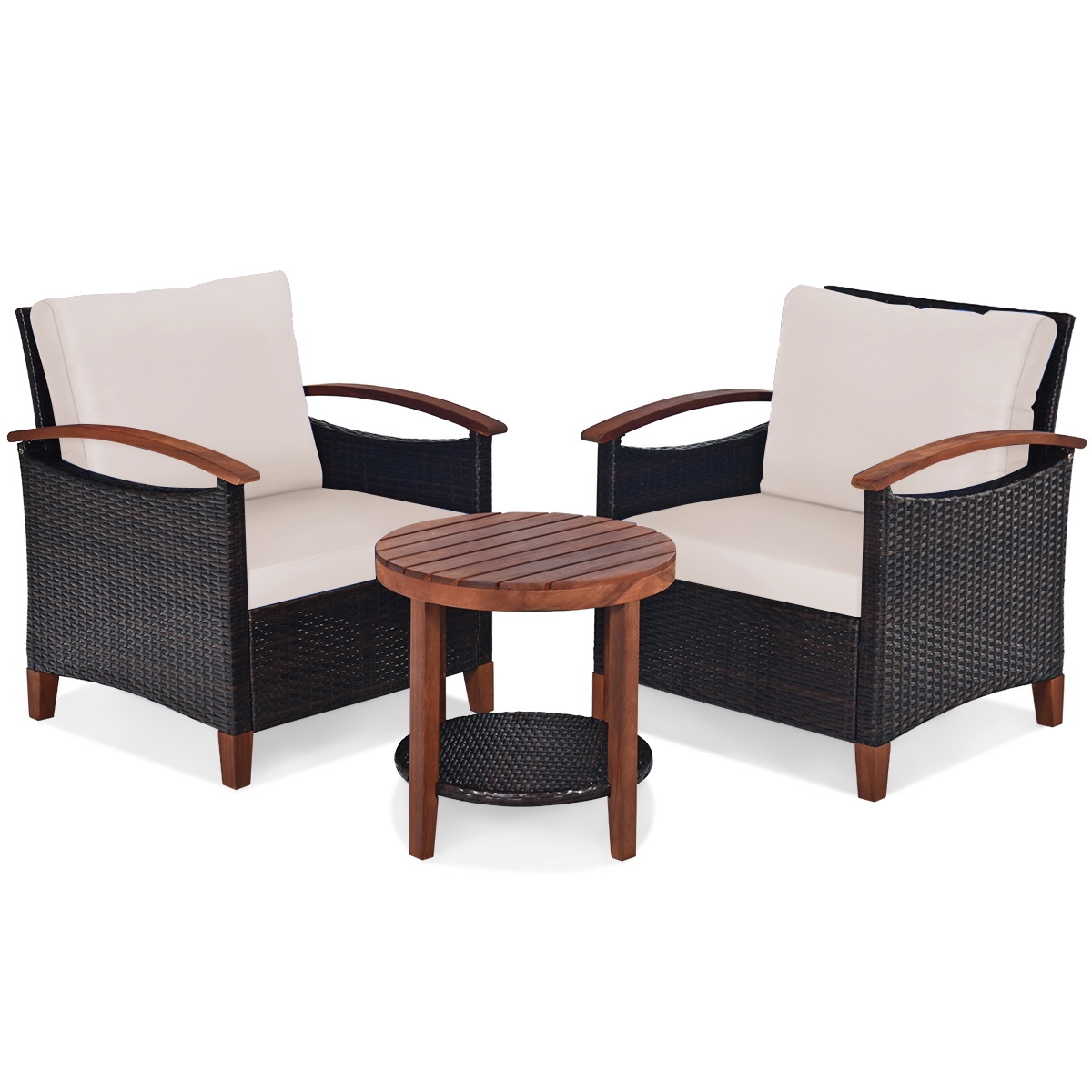 Mondawe 3 Pcs Solid Wood Frame Patio Rattan Furniture Set-Beige-Mondawe